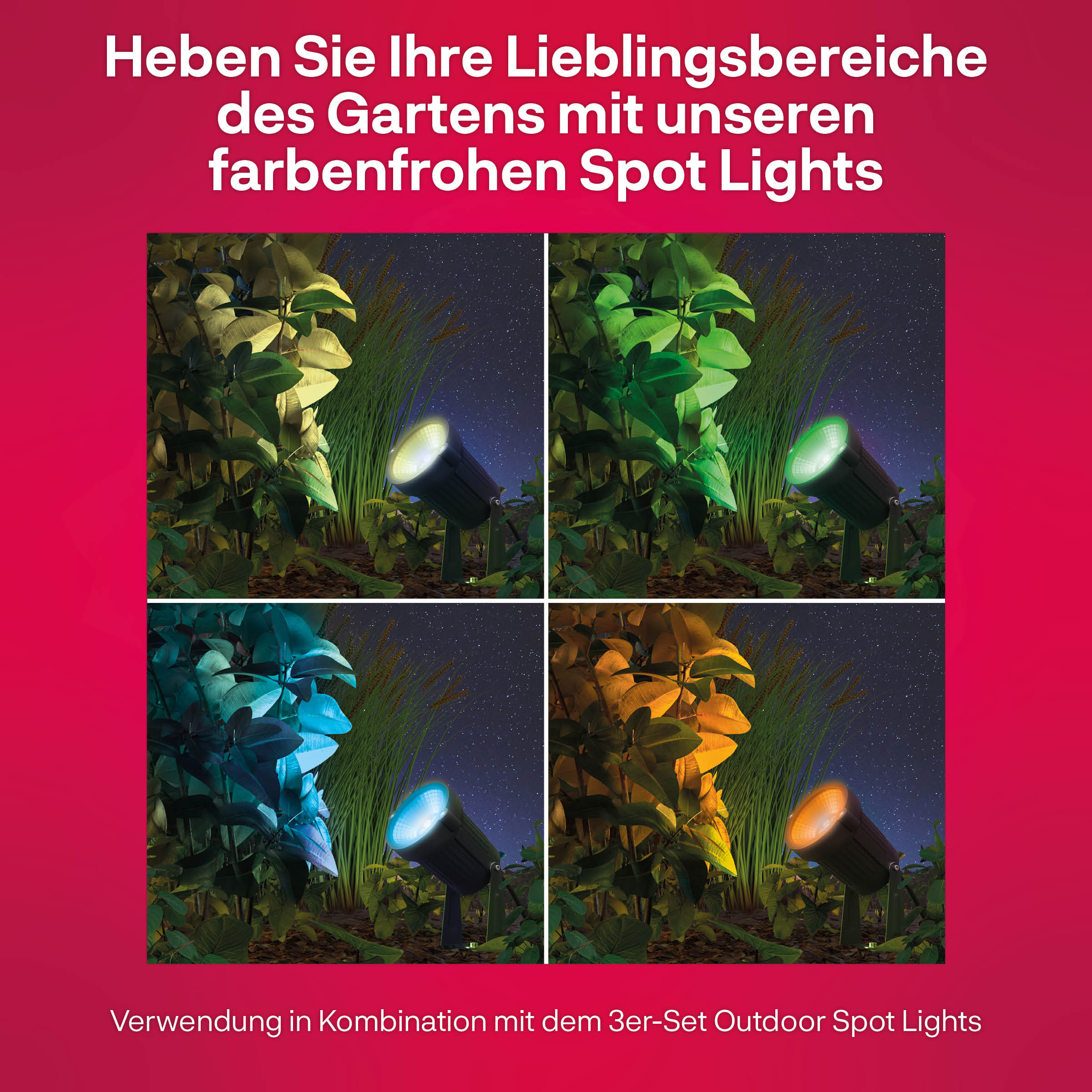 Four images of garden spotlights illuminating plants in different colors.