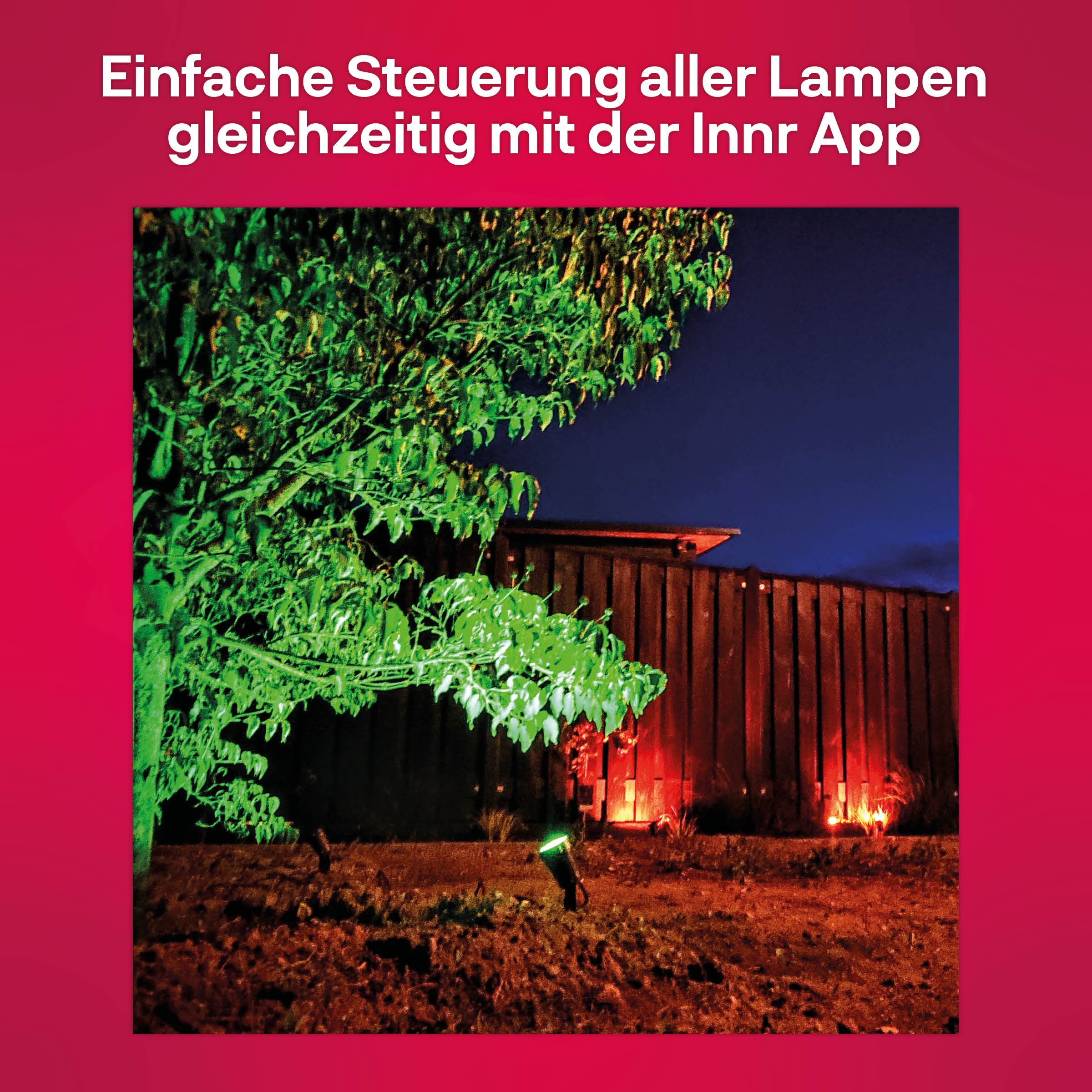 Green tree and a wooden building with green lights. Text in German about control.