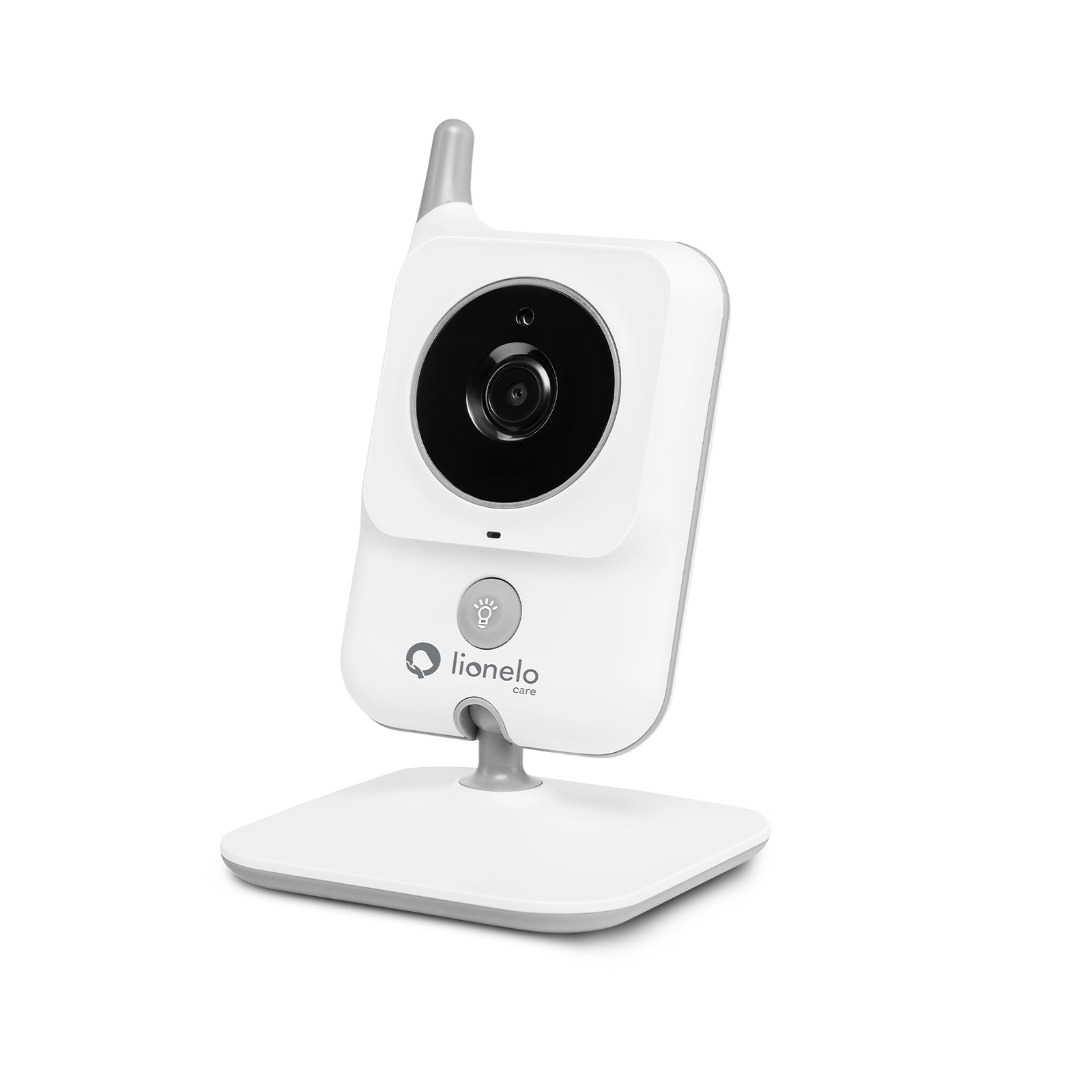 Cámara de monitor para bebés blanca sobre un soporte, con lente, botón y el logo.