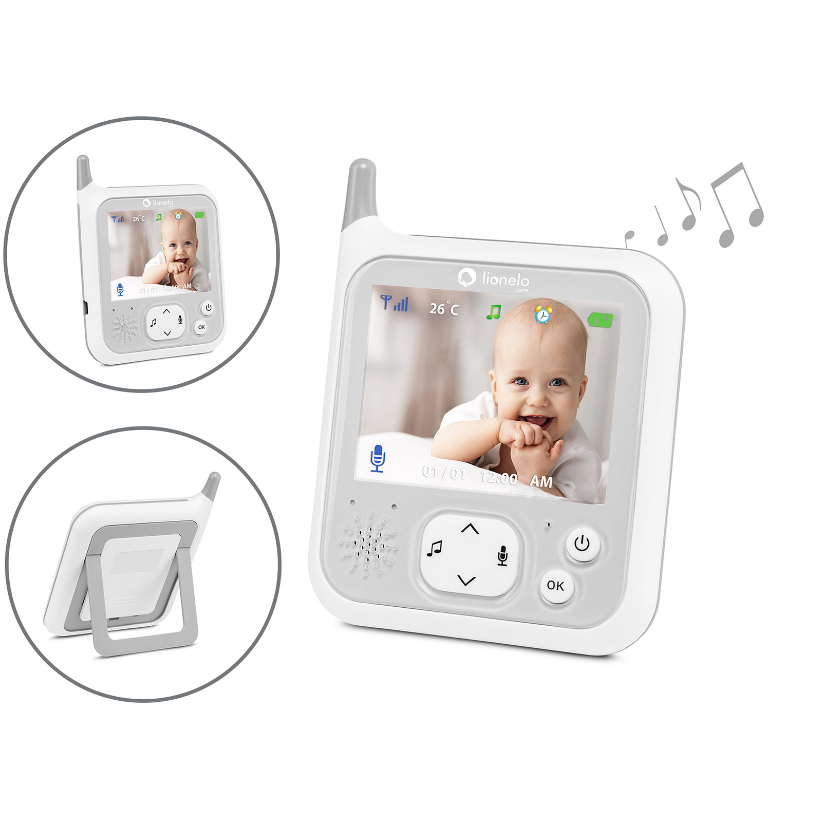 Un monitor para bebés que muestra un bebé sonriente, con vistas adicionales. Rodeado de notas musicales sobre un fondo blanco.