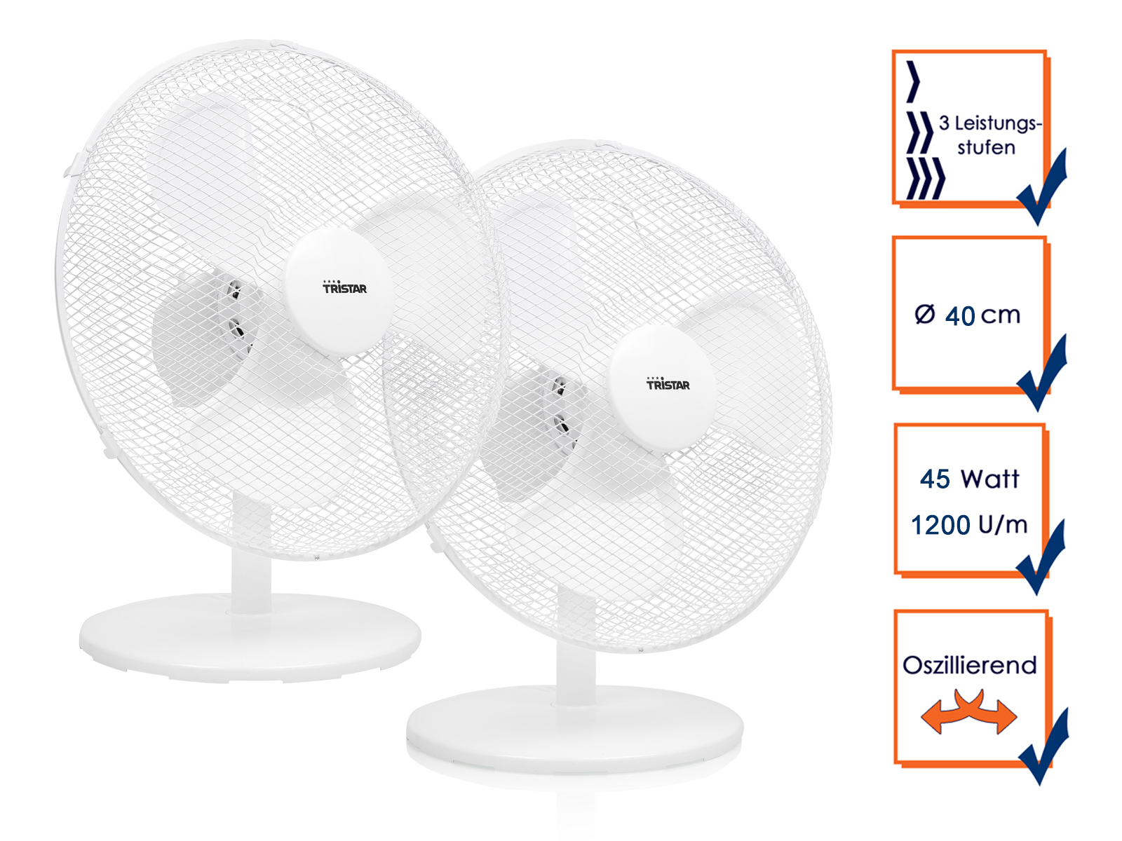 Zwei weiße Ventilatoren vor weißem Hintergrund. Infografiken zeigen Produktmerkmale.