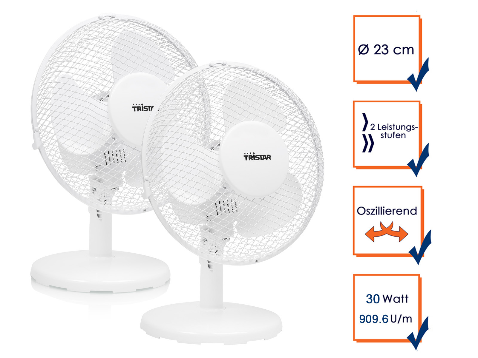 Zwei weiße Tischventilatoren mit Text, der Funktionen und Abmessungen anzeigt, und einem Häkchen.