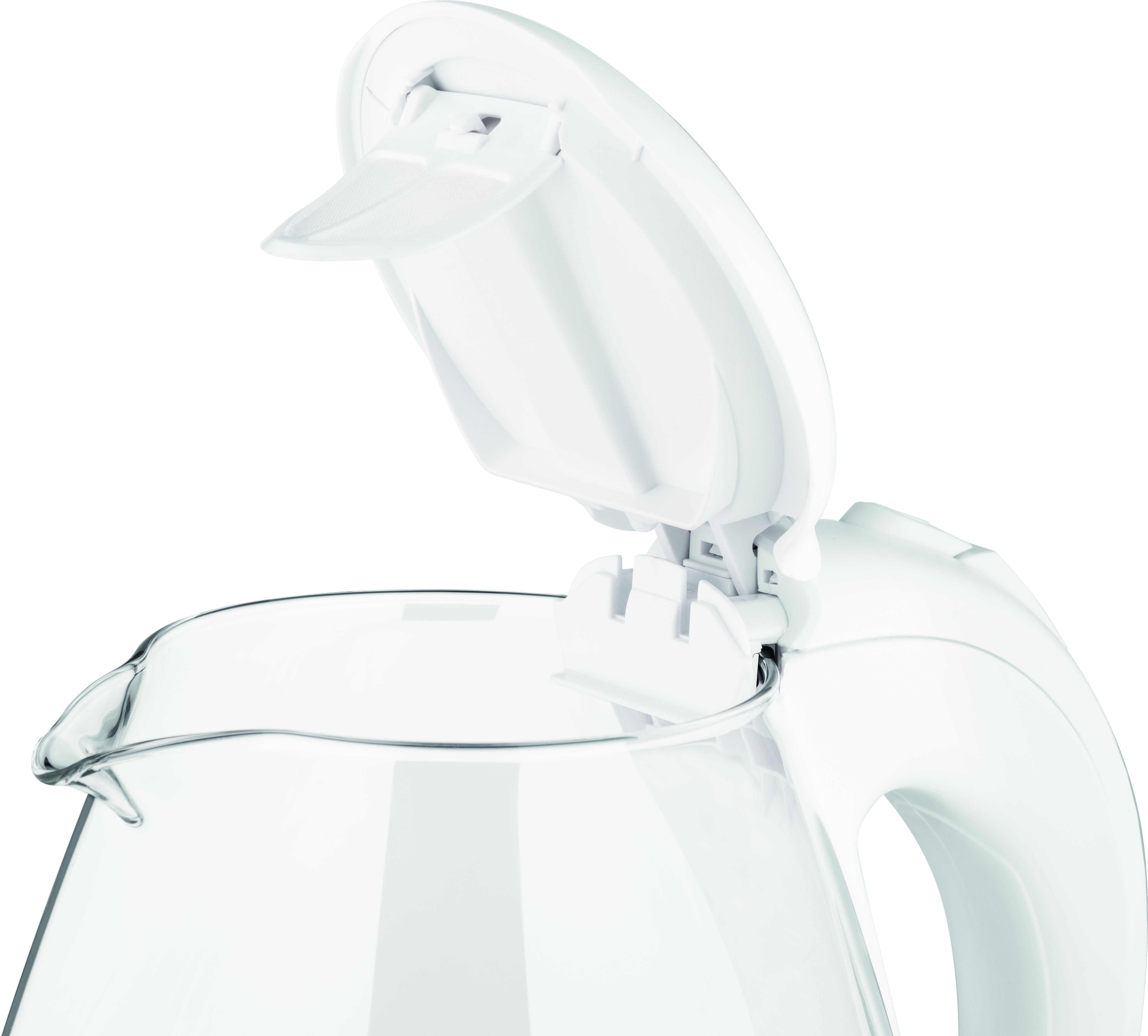 Biały czajnik z otwartą pokrywką. Pokrywka jest zakrzywiona. Białe tło.