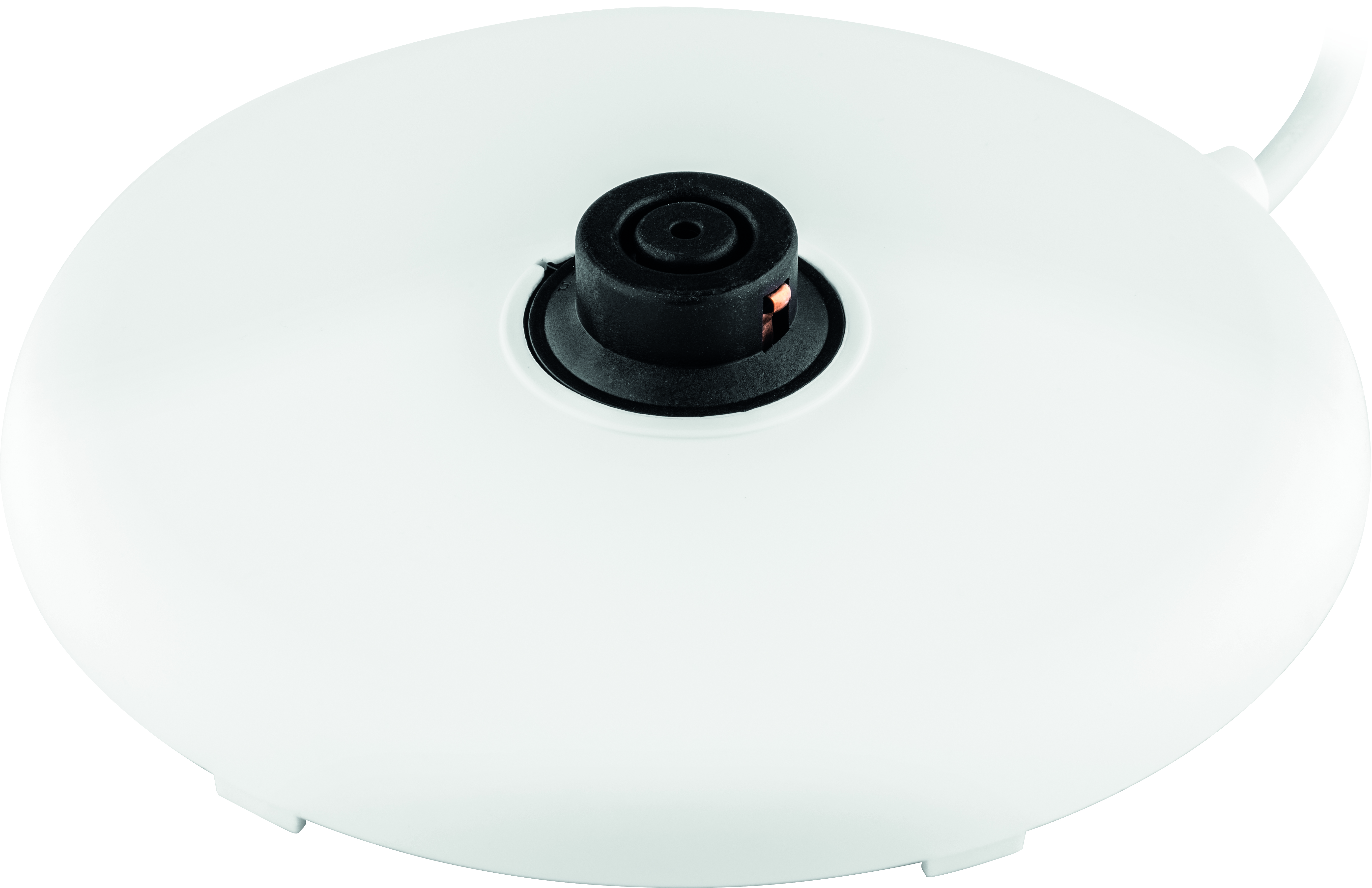 Biała podstawa czajnika elektrycznego, okrągła z czarnym centralnym elementem.