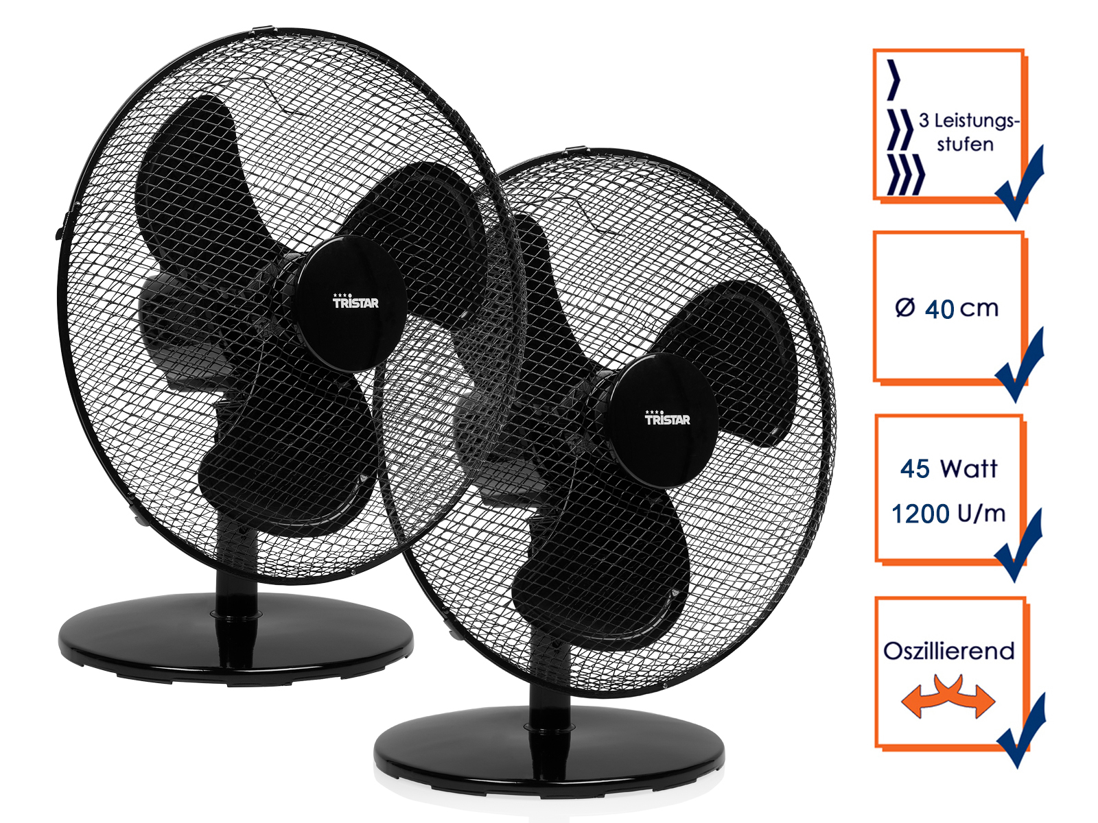 Zwei schwarze Ventilatoren mit Schutzgittern, je auf einem Ständer. Weißer Hintergrund.