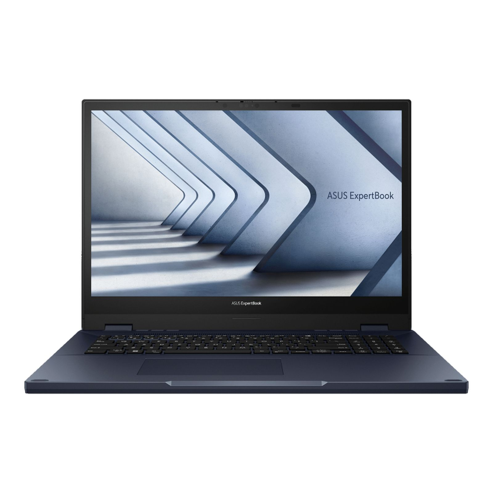 Laptop con schermo aperto. Corpo blu scuro. Sfondo bianco. Stanza moderna.