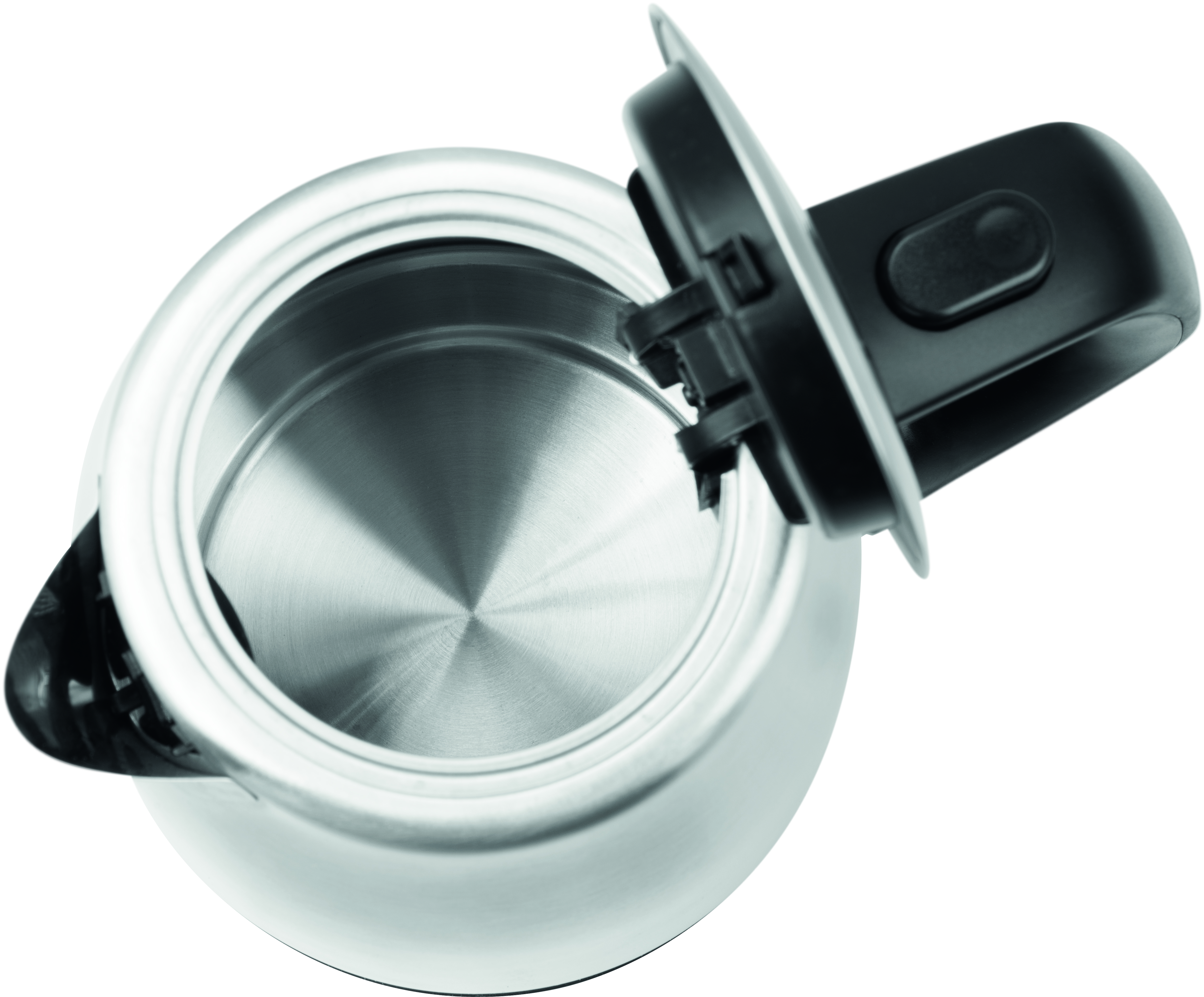 Otwarty czajnik elektryczny ze stali nierdzewnej, widok z góry. Czarna pokrywa otwarta. Wnętrze błyszczące.