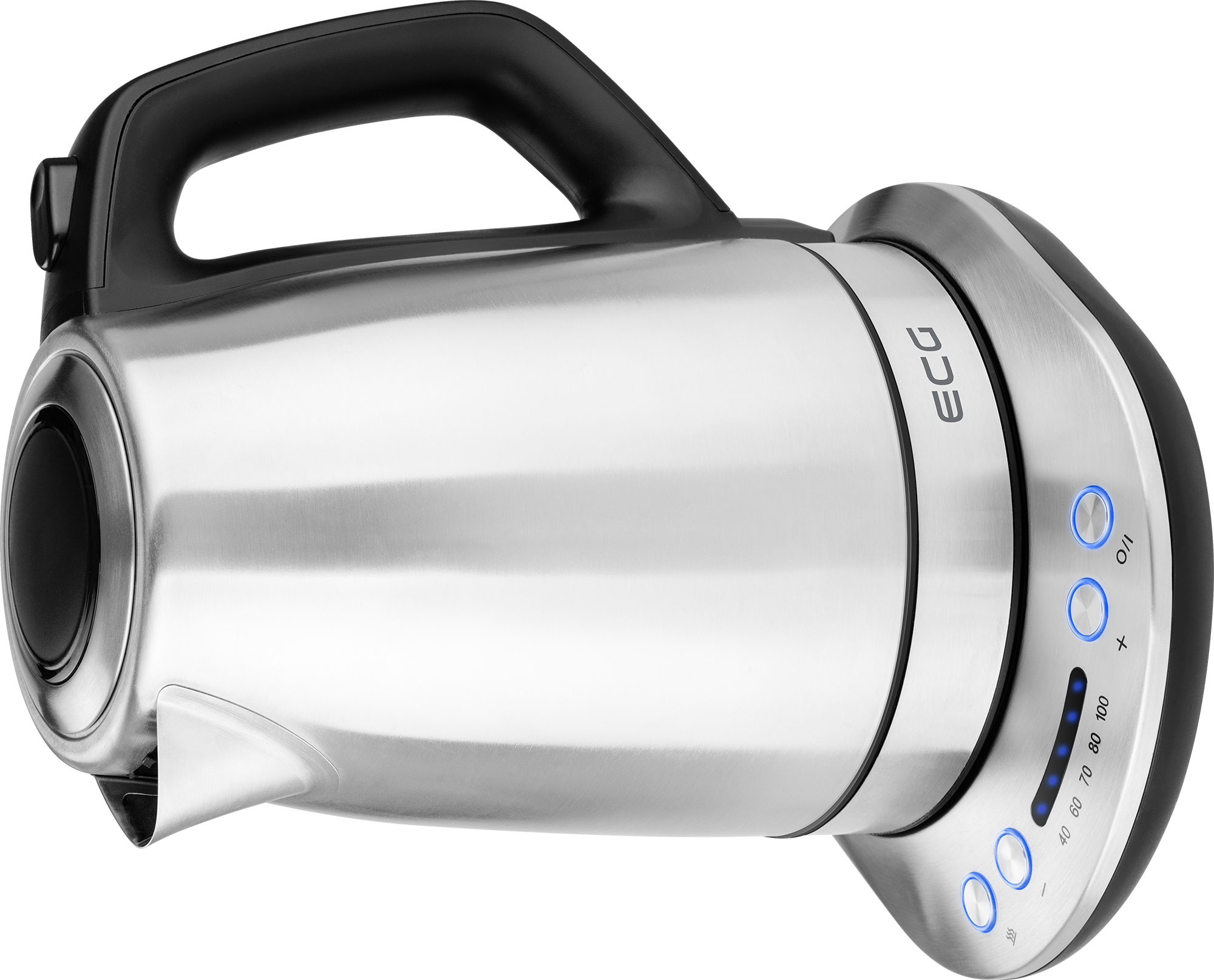 Elektryczny czajnik ze stali nierdzewnej z czarnym uchwytem. Z cyfrowym wyświetlaczem.