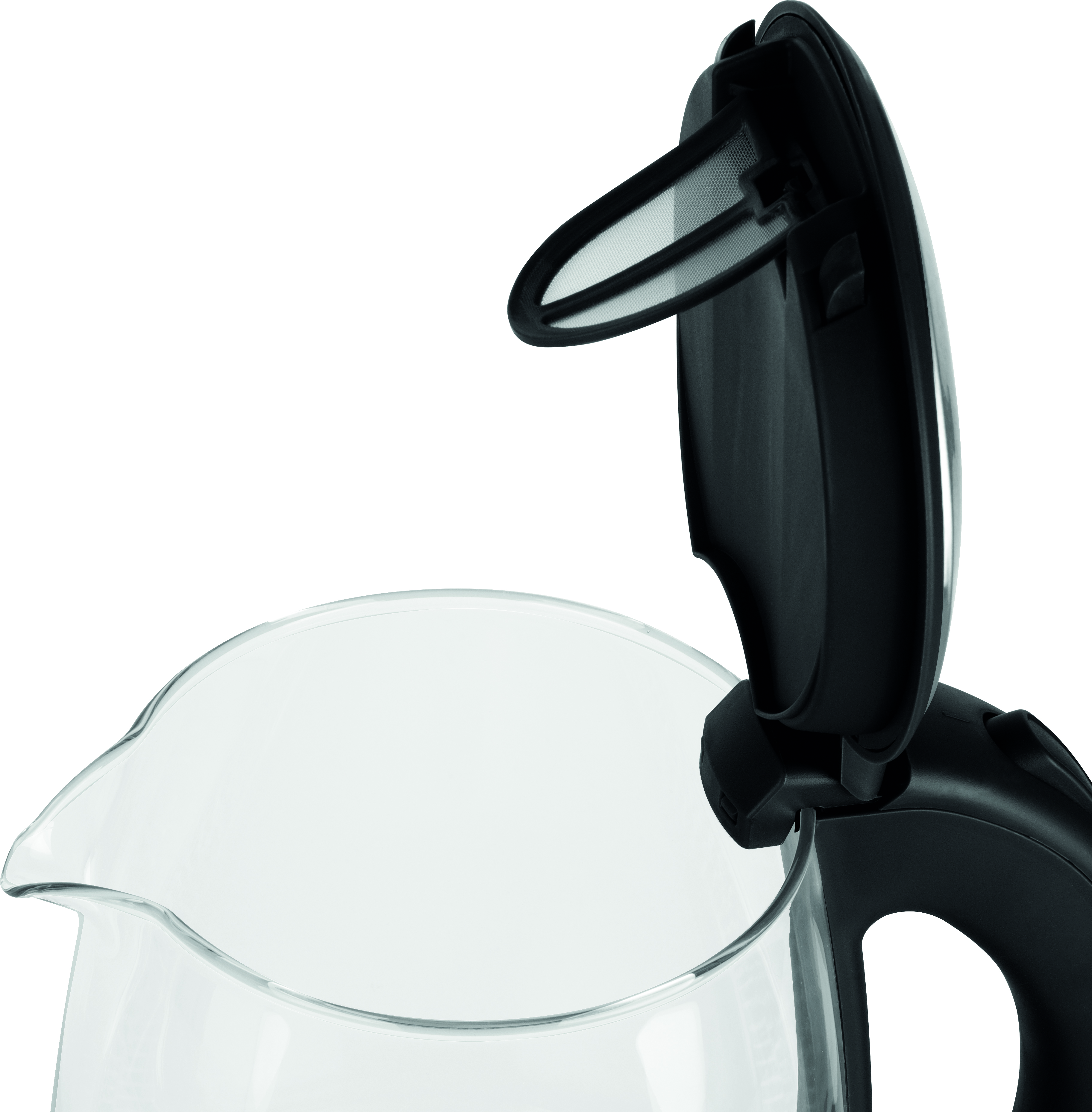 Przezroczysty szklany czajnik z otwartą pokrywką, odsłaniający filtr.