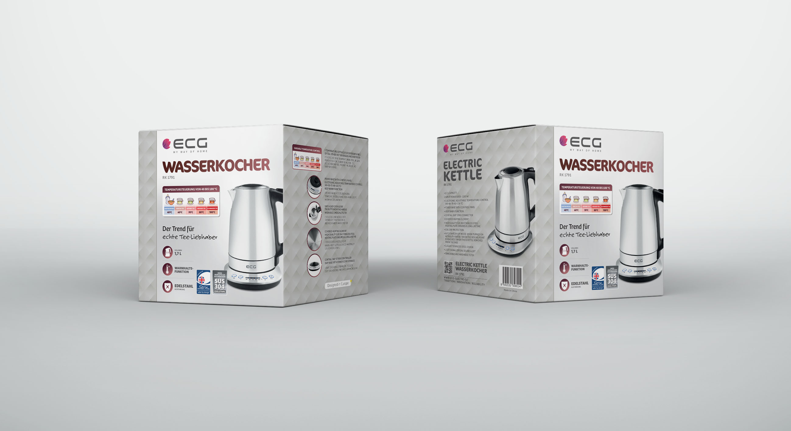 Dwa pudełka czajnika elektrycznego, pokazujące produkt i jego cechy, na neutralnym tle.