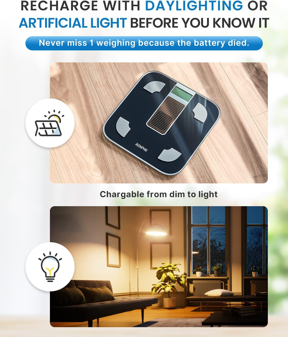 Eine Digitalwaage mit Bildern von Sonne und Lampe.