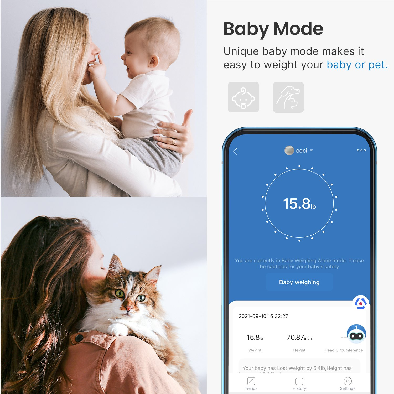 Eine Frau mit Baby und Katze. Eine Babywaage-App wird auf dem Telefon gezeigt.