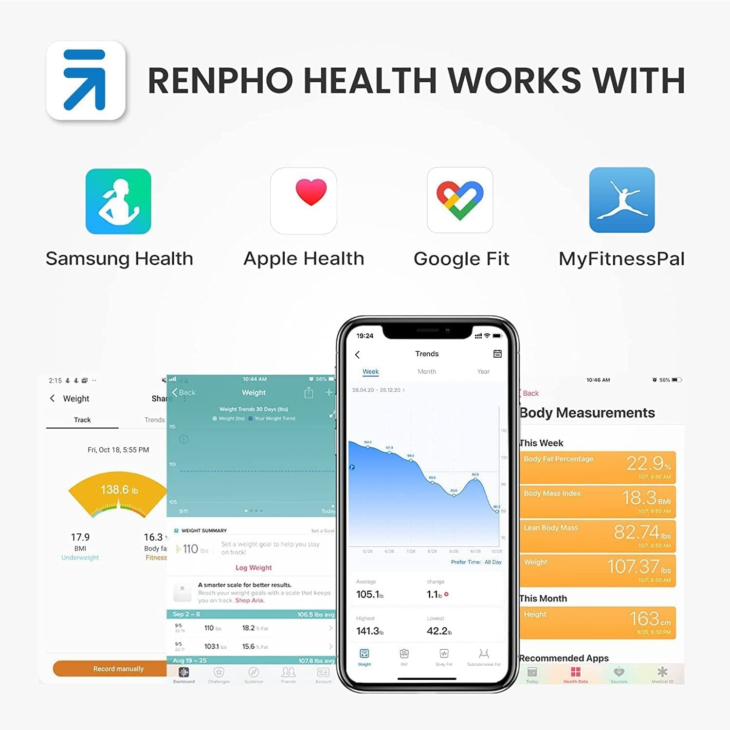 Smartphone-Apps: Samsung Health, Apple Health, Google Fit und MyFitnessPal werden auf einem Telefon angezeigt.