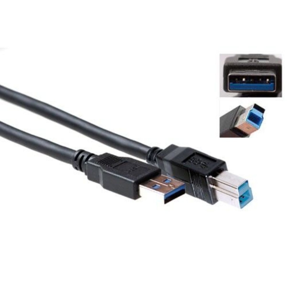 Zwarte USB-kabel met blauwe connectortips. Witte achtergrond. Close-up van connectoren in inzet.