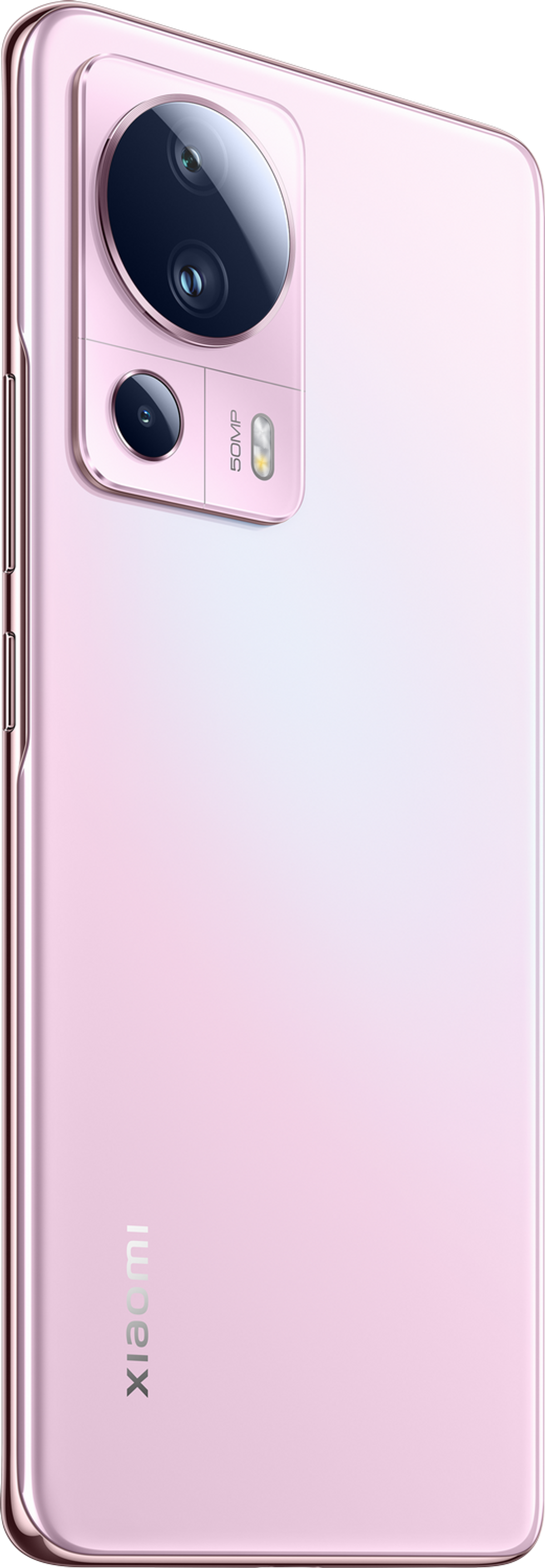 Smartphone: Rosa, Rückansicht. Kameramodul mit Objektiven und '50MP' Text, Xiaomi Logo.