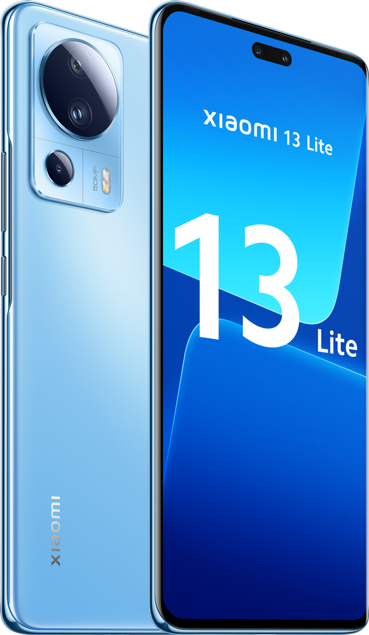 Niebieski smartfon z podwójnym aparatem i tekstem "Xiaomi 13 Lite" na ekranie.