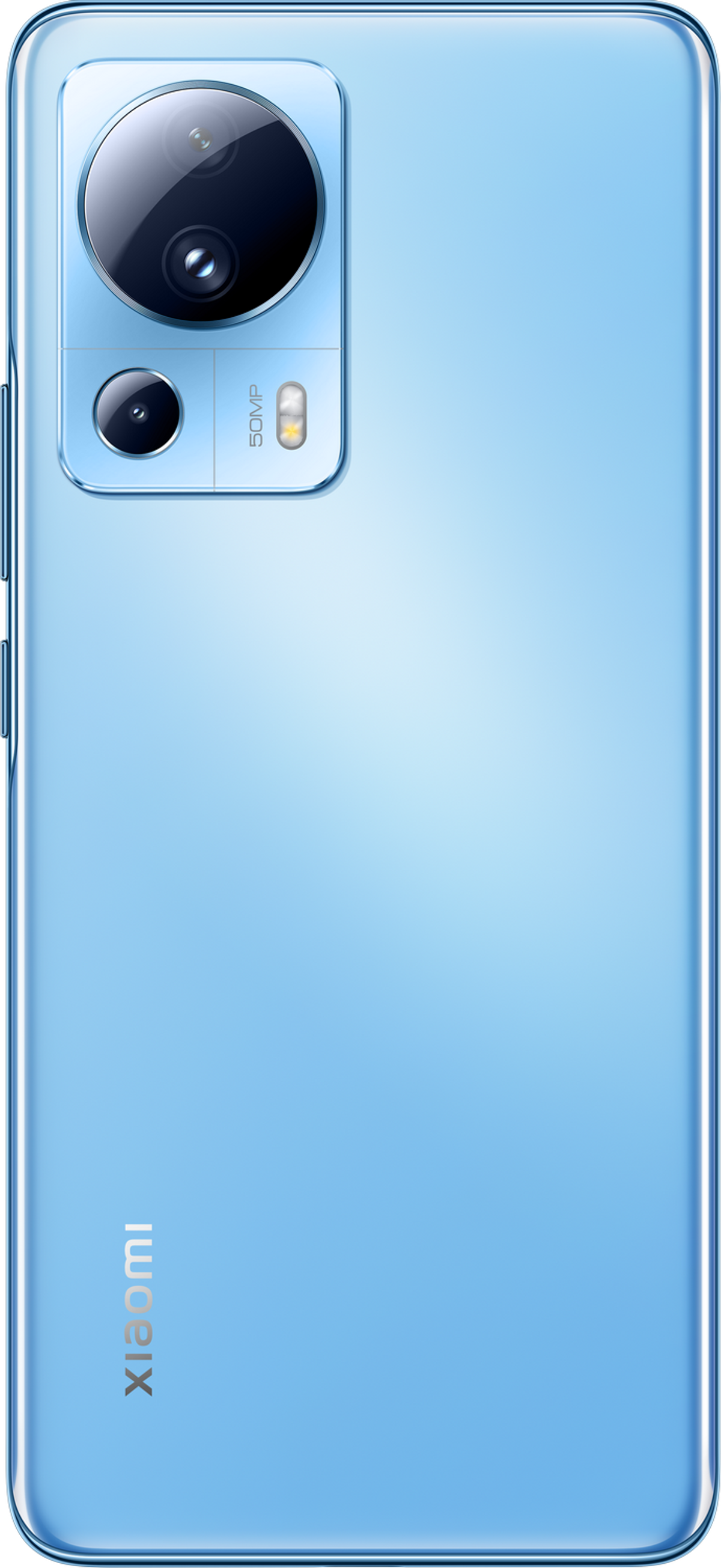 Jasnoniebieski tył telefonu Xiaomi z aparatem i obiektywem 50MP na białym tle.