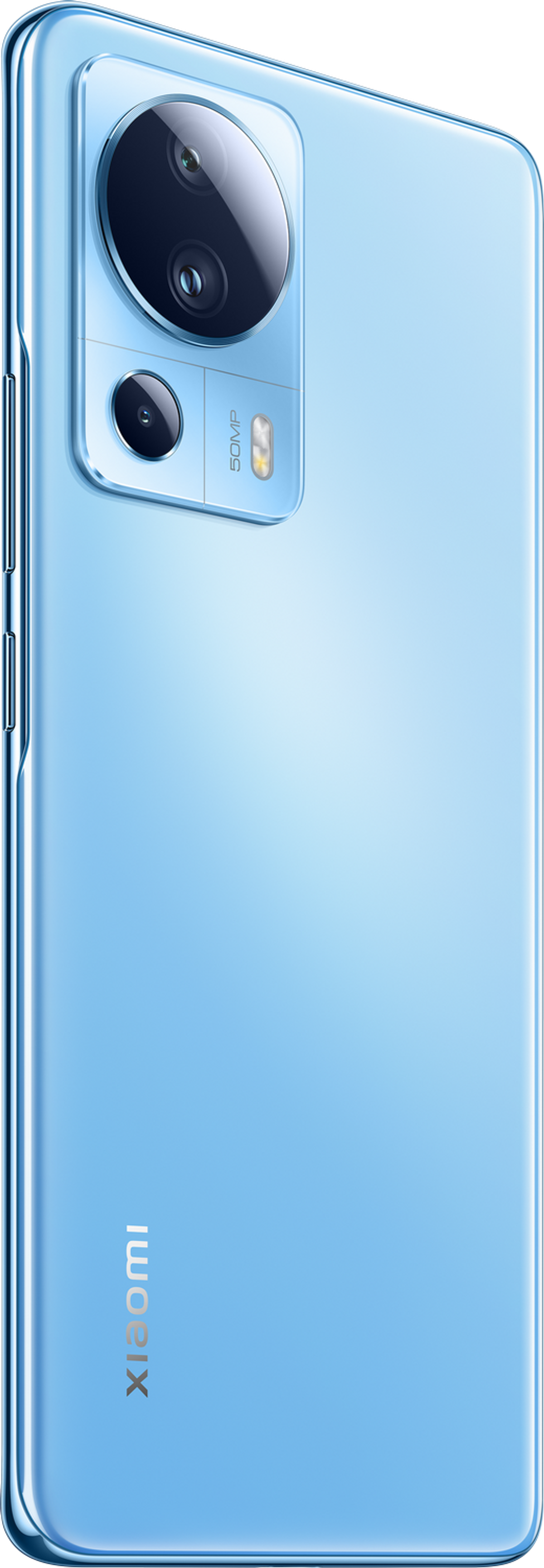 Jasnoniebieski smartfon z obiektywami aparatu z tyłu. Ma logo Xiaomi i błyszczącą powierzchnię.