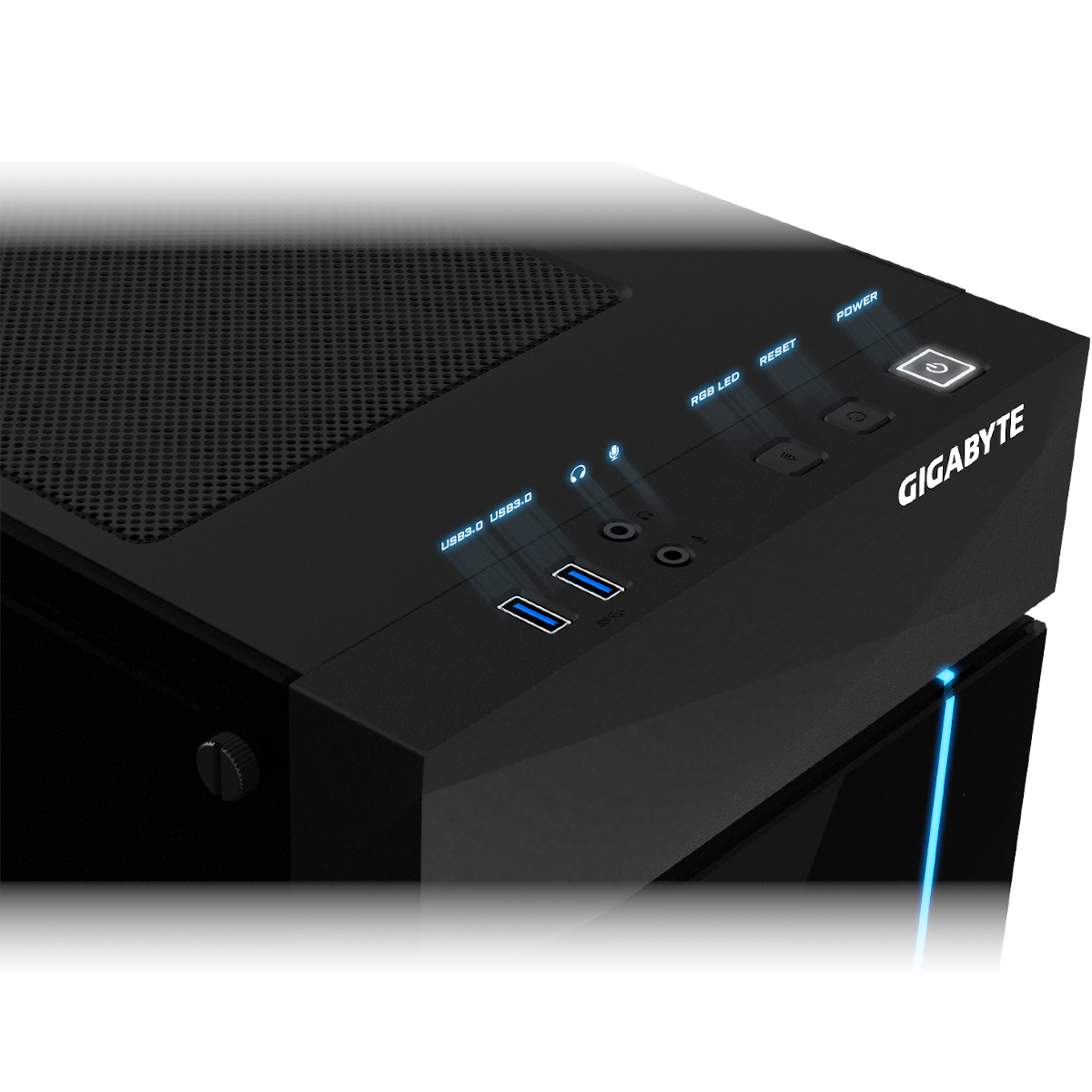 Primer plano de la parte superior de una caja de ordenador negra. Puertos USB, botón de encendido y controles.