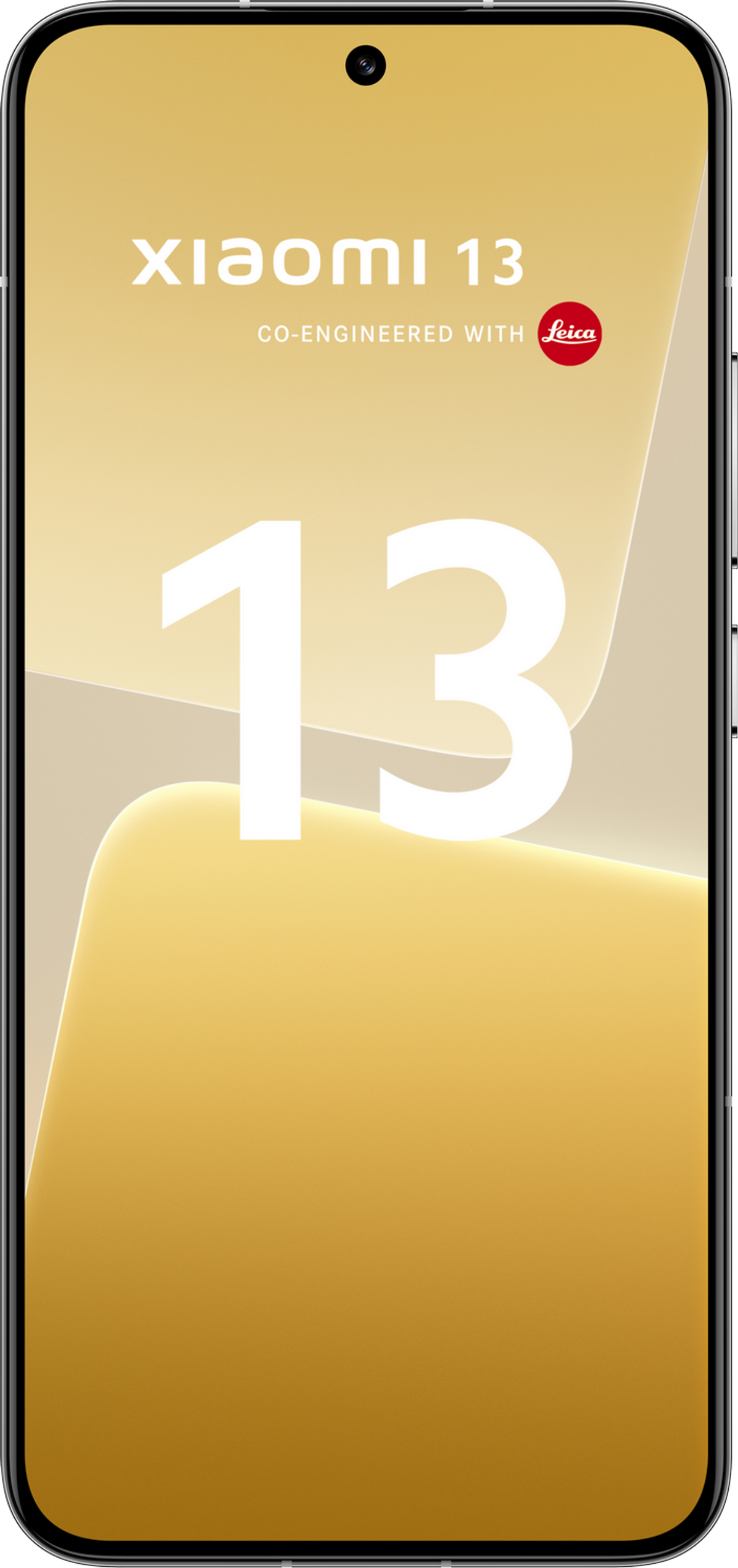 Een goudkleurige telefoon met het grote nummer '13' op het scherm en het Xiaomi-logo.