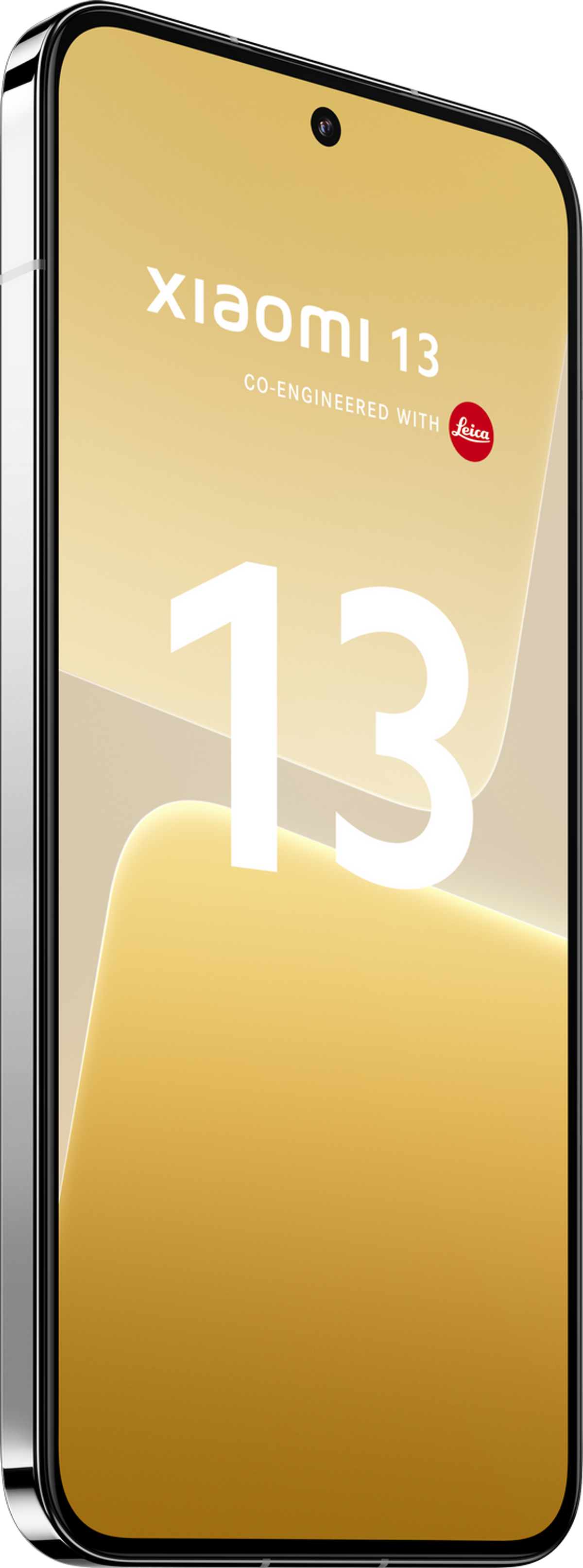 Een goud-zilveren Xiaomi 13 smartphone wordt in een hoek getoond. De telefoon toont een goudkleurig scherm.