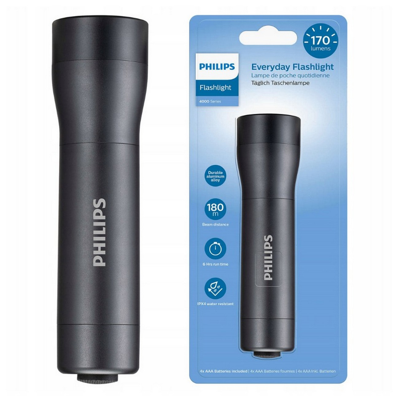 Torcia Philips nera. Confezione a destra. Specifiche: 170 lumen, fascio 180 m, 6 ore di autonomia.