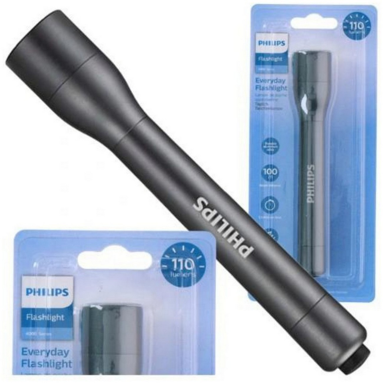 Una torcia Philips nera con due confezioni. Una con la torcia e una con una batteria.