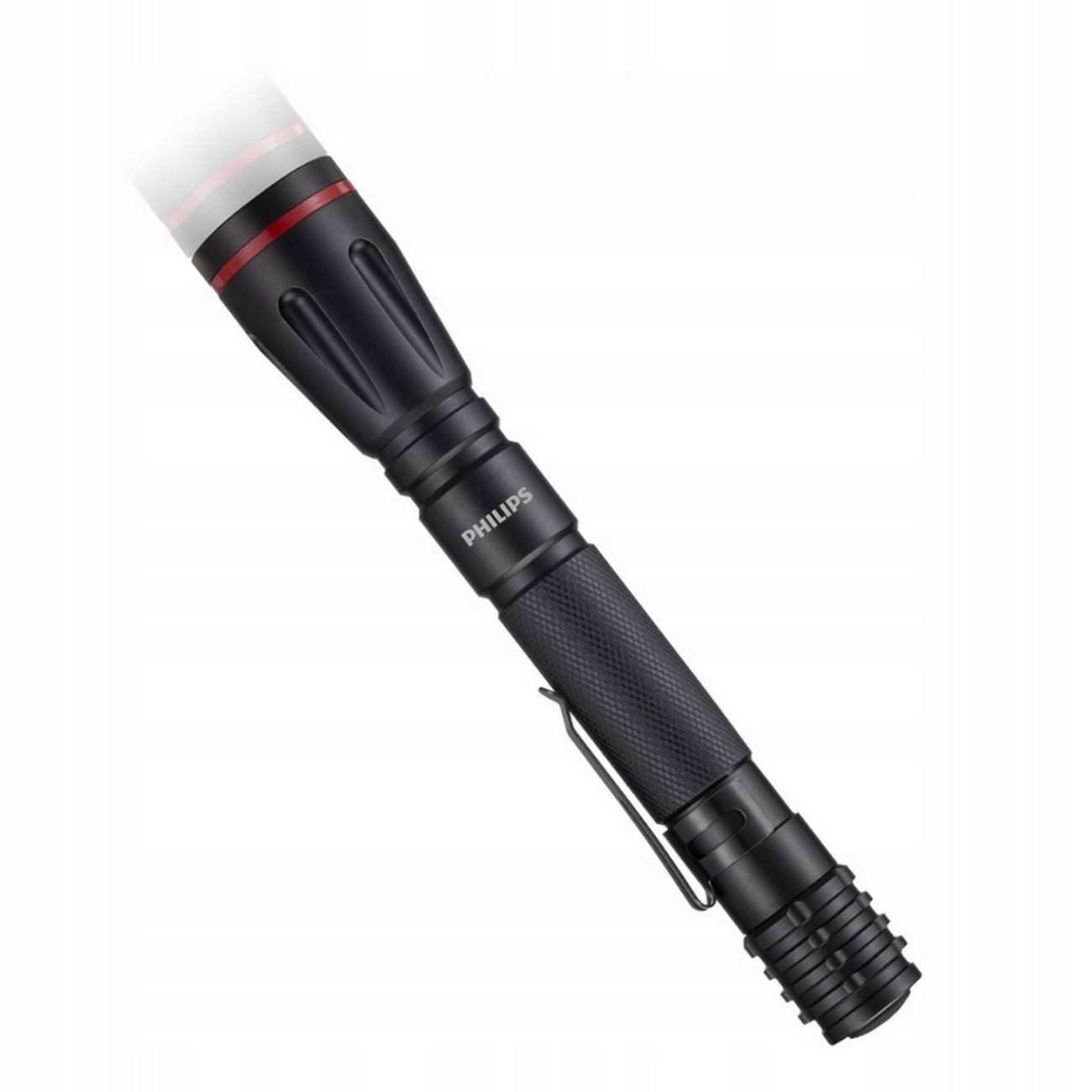 Schwarze Philips-Taschenlampe mit rotem Ring oben und Taschenclip, auf weißem Hintergrund.
