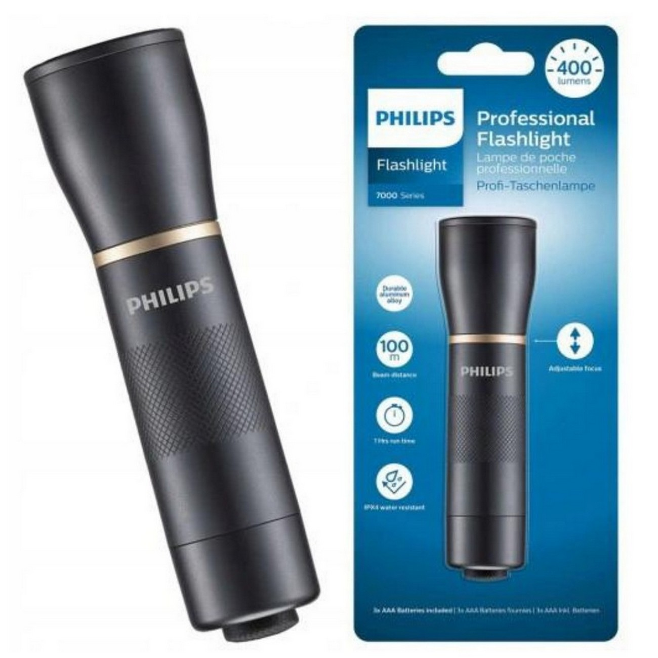 Torcia Philips nera con confezione, che mostra specifiche e caratteristiche.