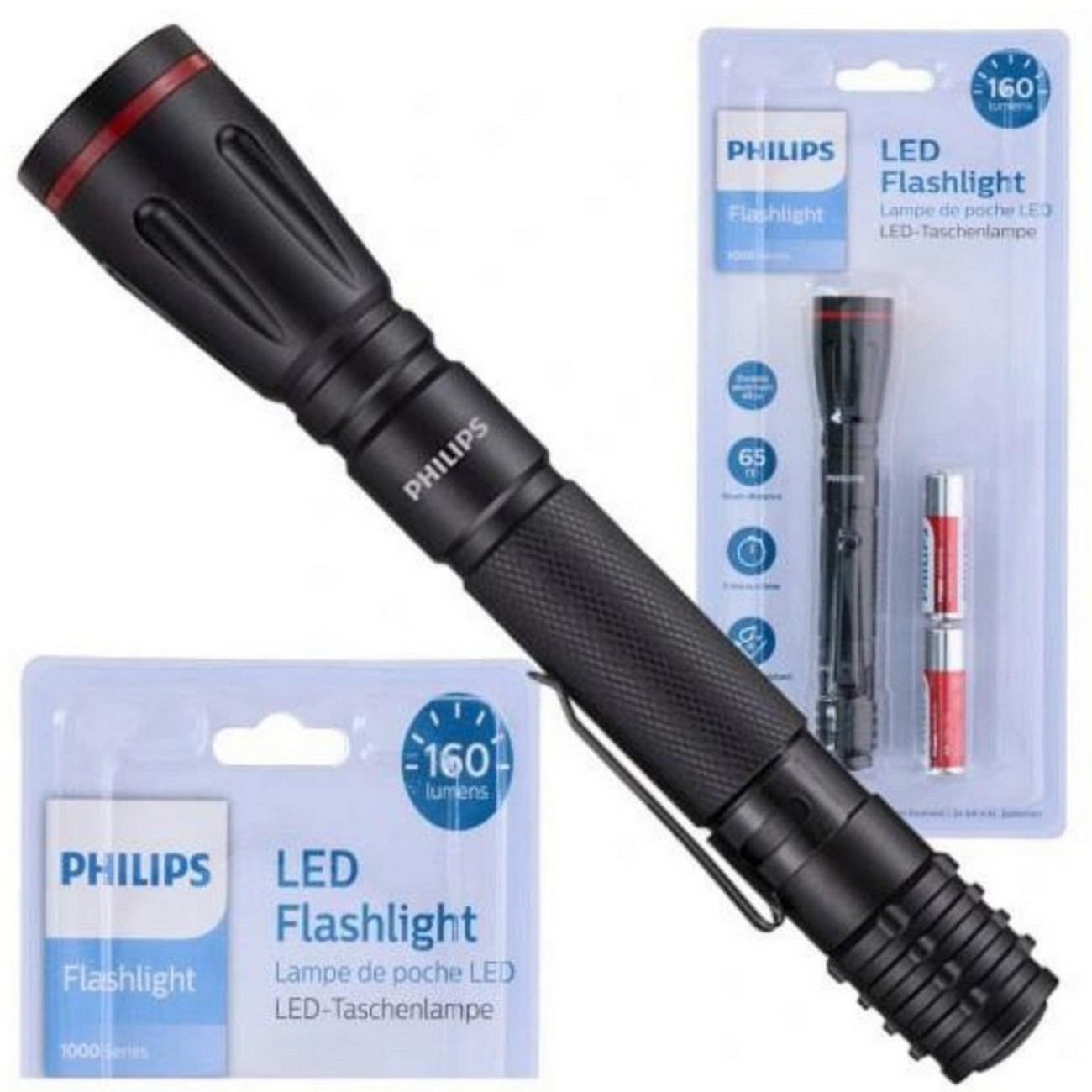 Schwarze Philips LED-Taschenlampe mit Verpackung. Rote Akzente, Taschenclip und Akku. 160 Lumen.