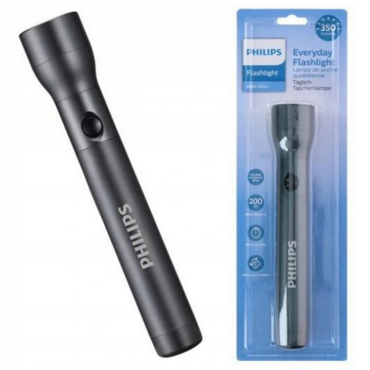 Due torce Philips. Una portatile, l'altra in confezione. Entrambe grigie.