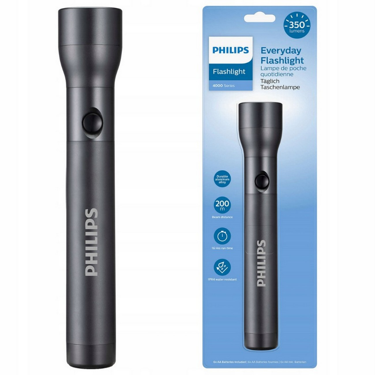 Una torcia Philips nera e la sua confezione su sfondo bianco.
