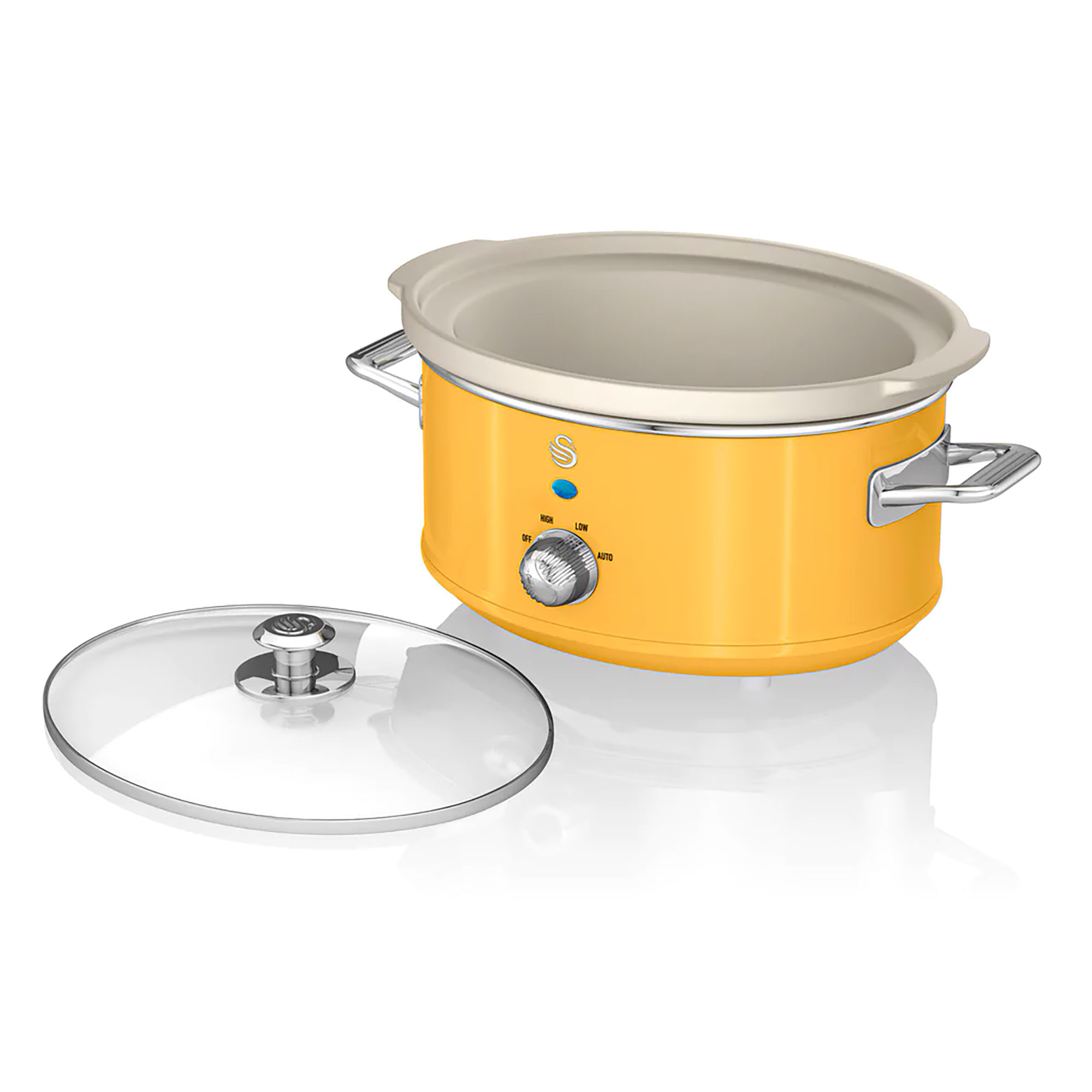 Ein gelber Slow Cooker mit abnehmbarem Deckel. Das Bedienfeld hat Optionen für Aus, Niedrig, Hoch und Auto.