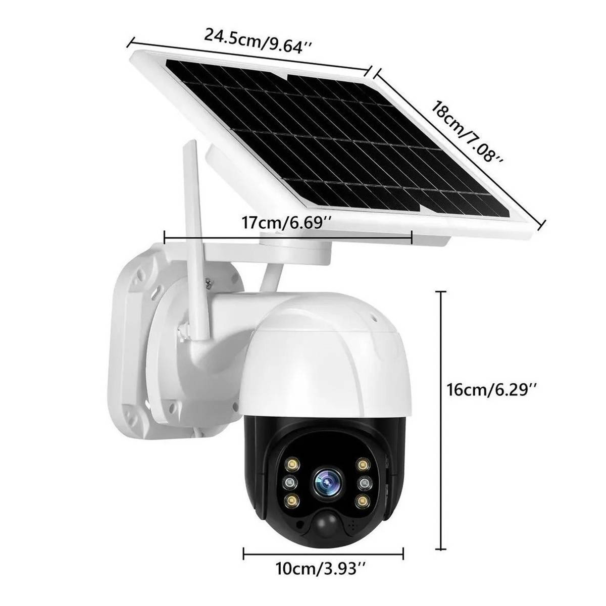 Una cámara de seguridad con energía solar con dimensiones, colores blanco y negro.