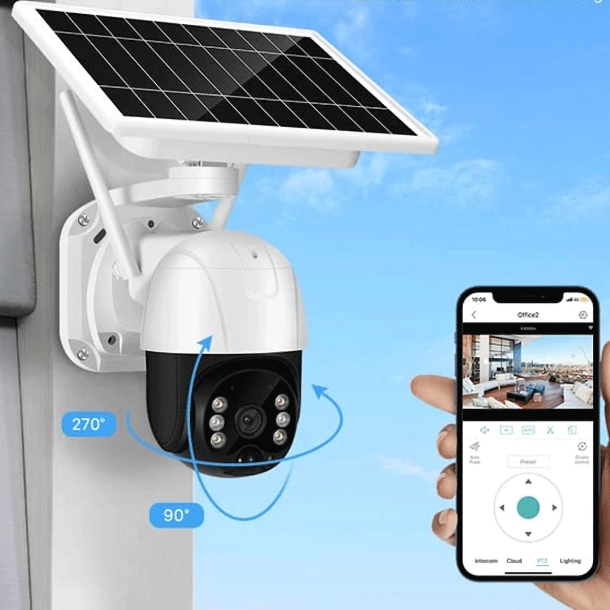 Cámara de seguridad solar en una pared, un teléfono muestra la vista de la cámara. Cielo azul de fondo.