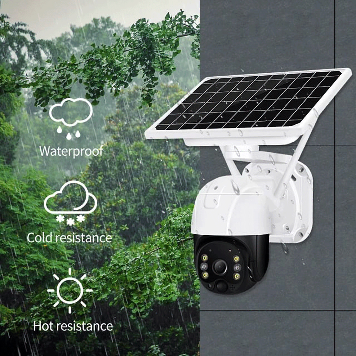 Cámara de seguridad exterior con panel solar, iconos de lluvia y clima.