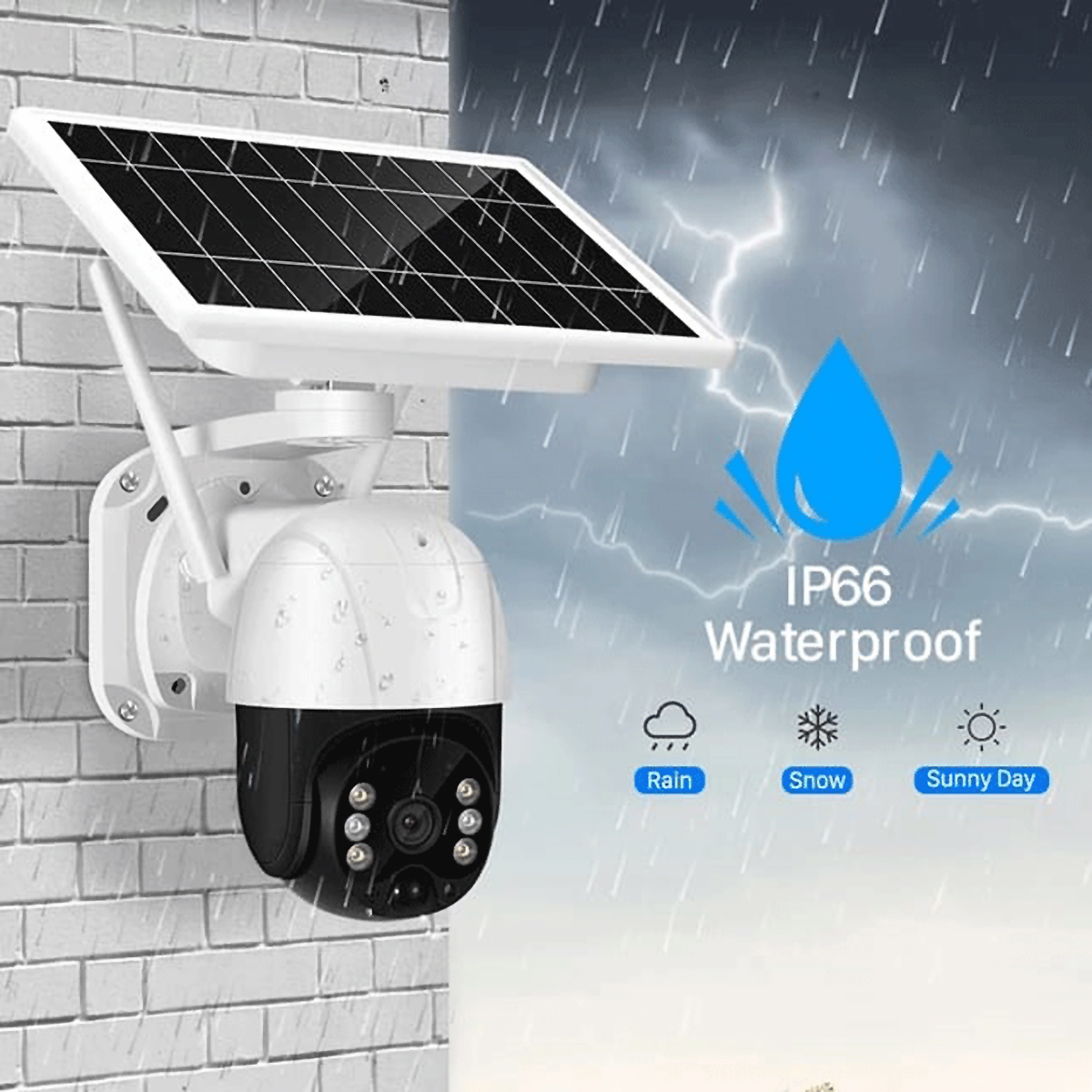 Una cámara de seguridad con energía solar montada en una pared de ladrillo, con iconos de lluvia, nieve y sol.