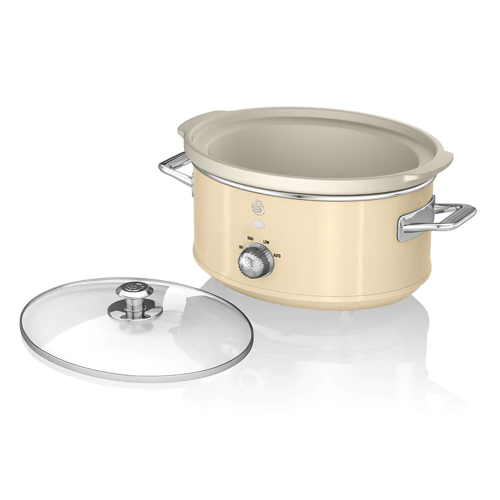 Ein cremefarbener Slow Cooker mit Glasdeckel und Bedienrad, auf weißem Hintergrund.