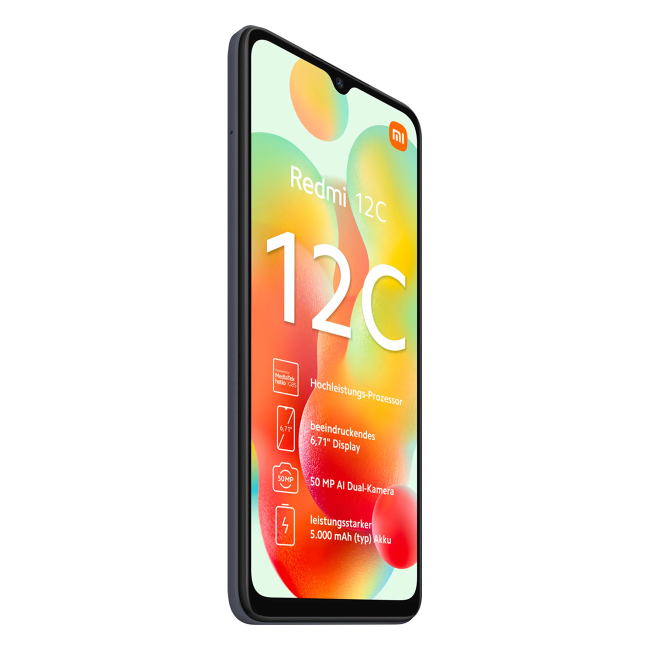 Een zwarte smartphone met een groot scherm, met de specificaties van de telefoon.