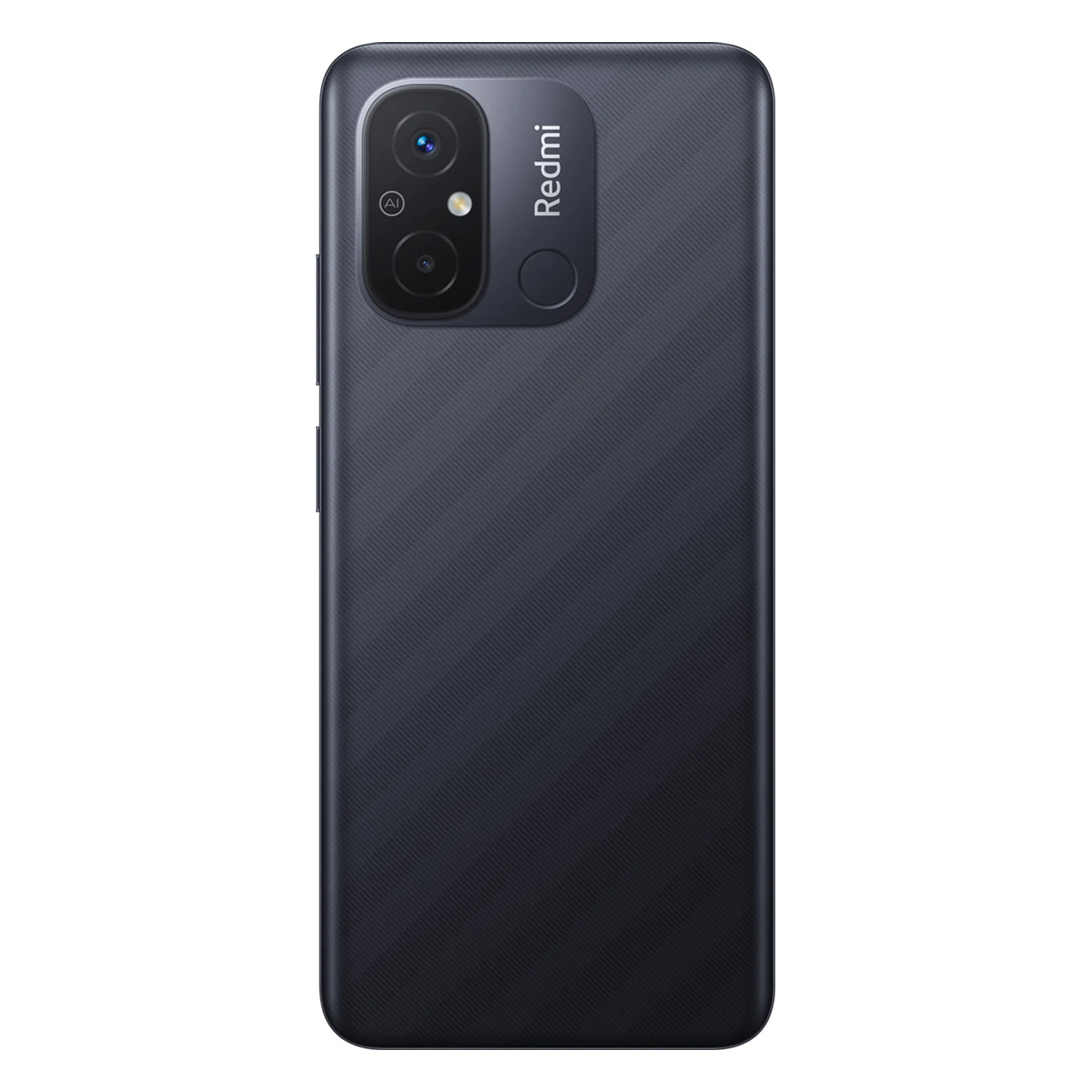 De achterkant van een zwarte Redmi-smartphone met een dubbele camera en het Redmi-logo.