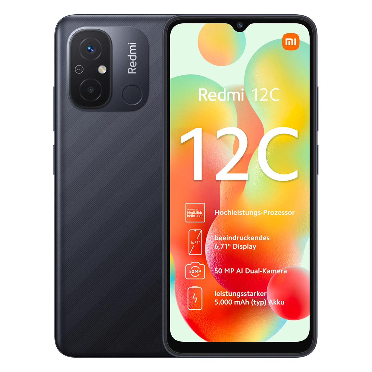 Zwarte Redmi 12C smartphone. Met dubbele camera, groot scherm en rode afbeelding op het scherm.