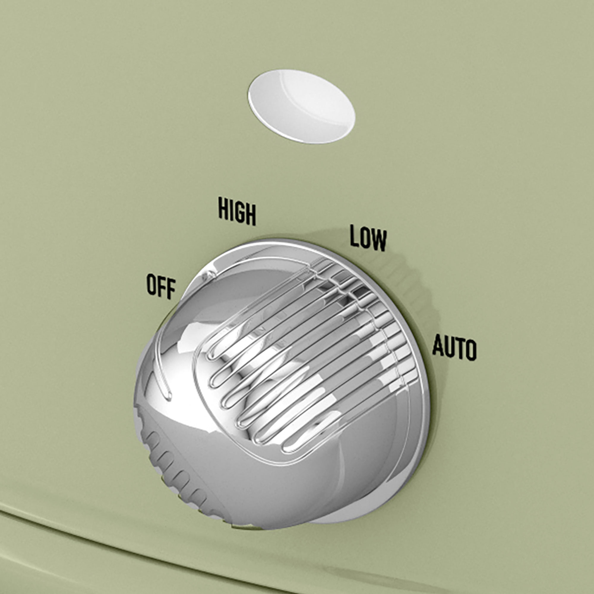 Un panel de control con configuraciones: alto, bajo, apagado y automático. Es plateado con fondo verde.