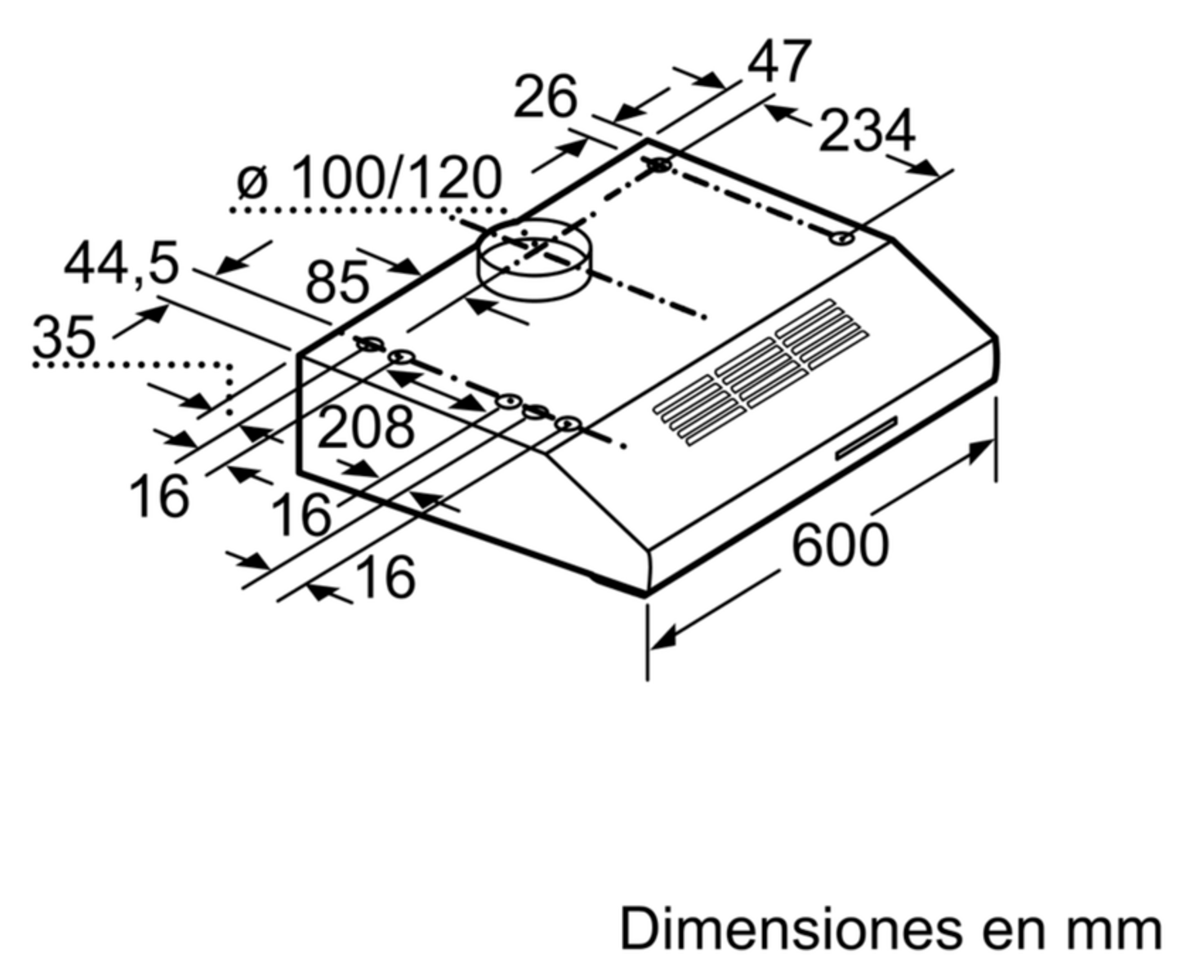 Disegno tecnico di una cappa da cucina con dimensioni in millimetri, che mostra i dettagli costruttivi.