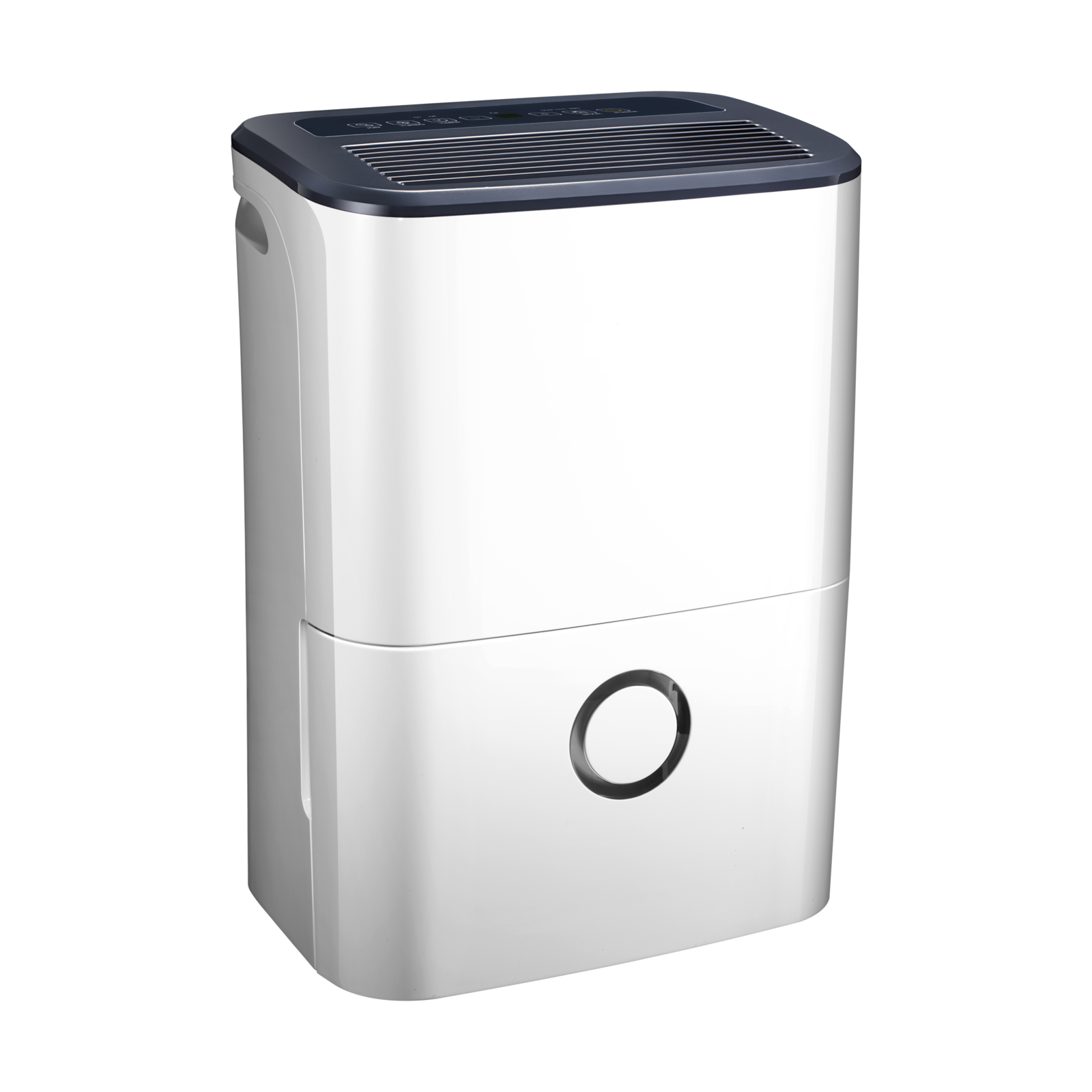 Biały osuszacz powietrza z czarnym blatem i czarnym okrągłym wyświetlaczem. Izolowany.