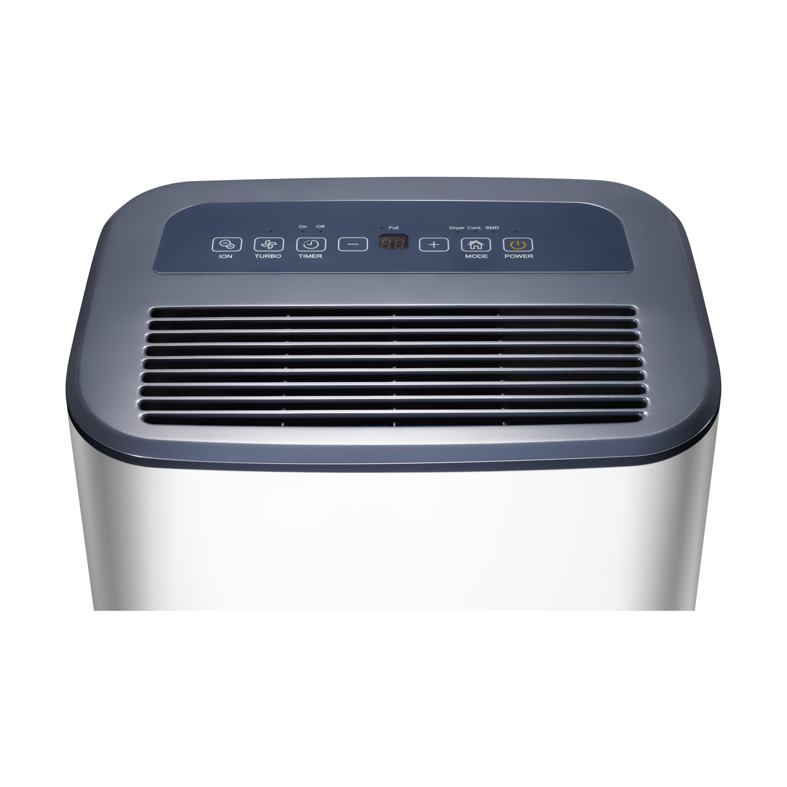 Szary i srebrny oczyszczacz powietrza z cyfrowym wyświetlaczem i przyciskami sterowania, na czarnym tle.