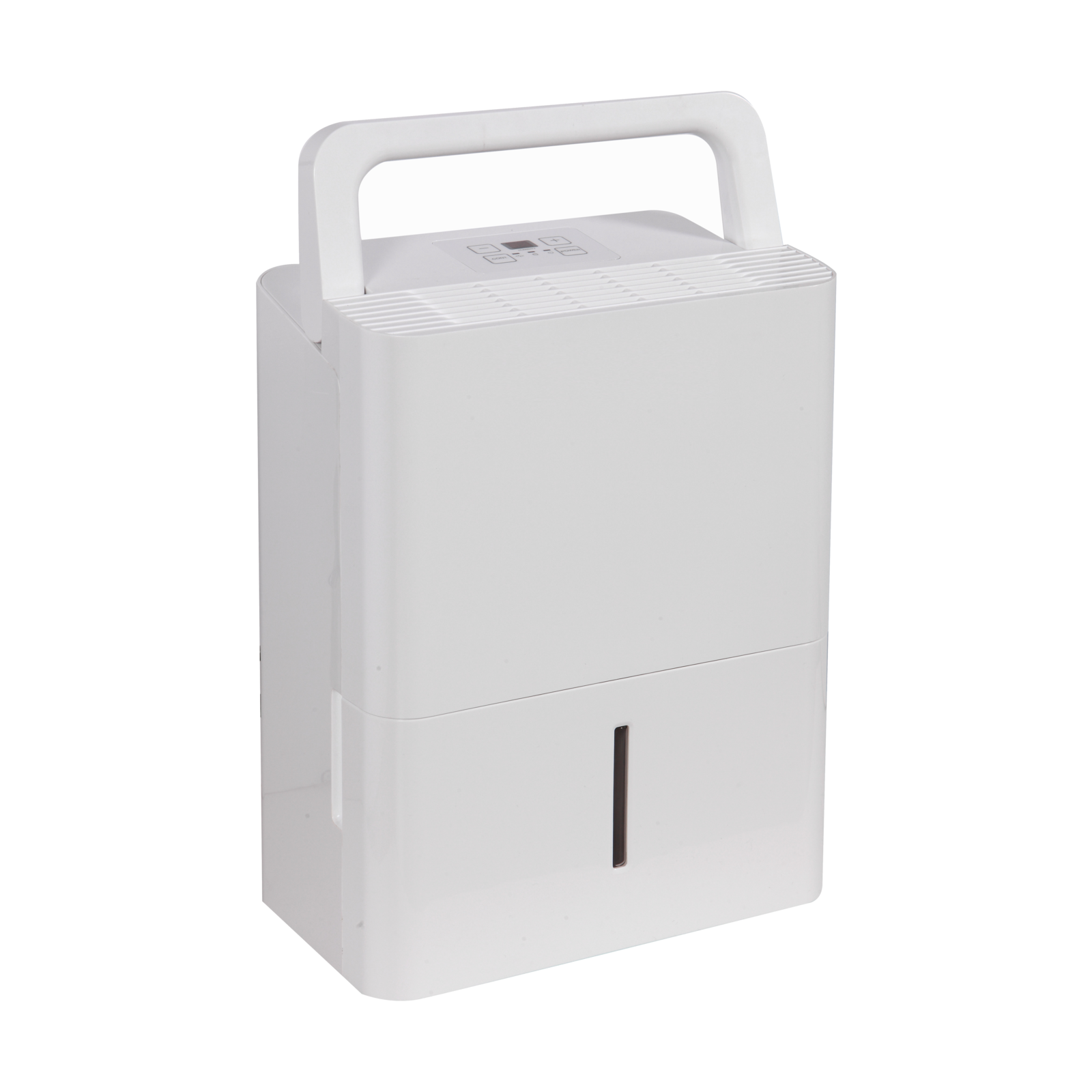 Biały osuszacz powietrza z uchwytem i wskaźnikiem poziomu wody, czarne tło.