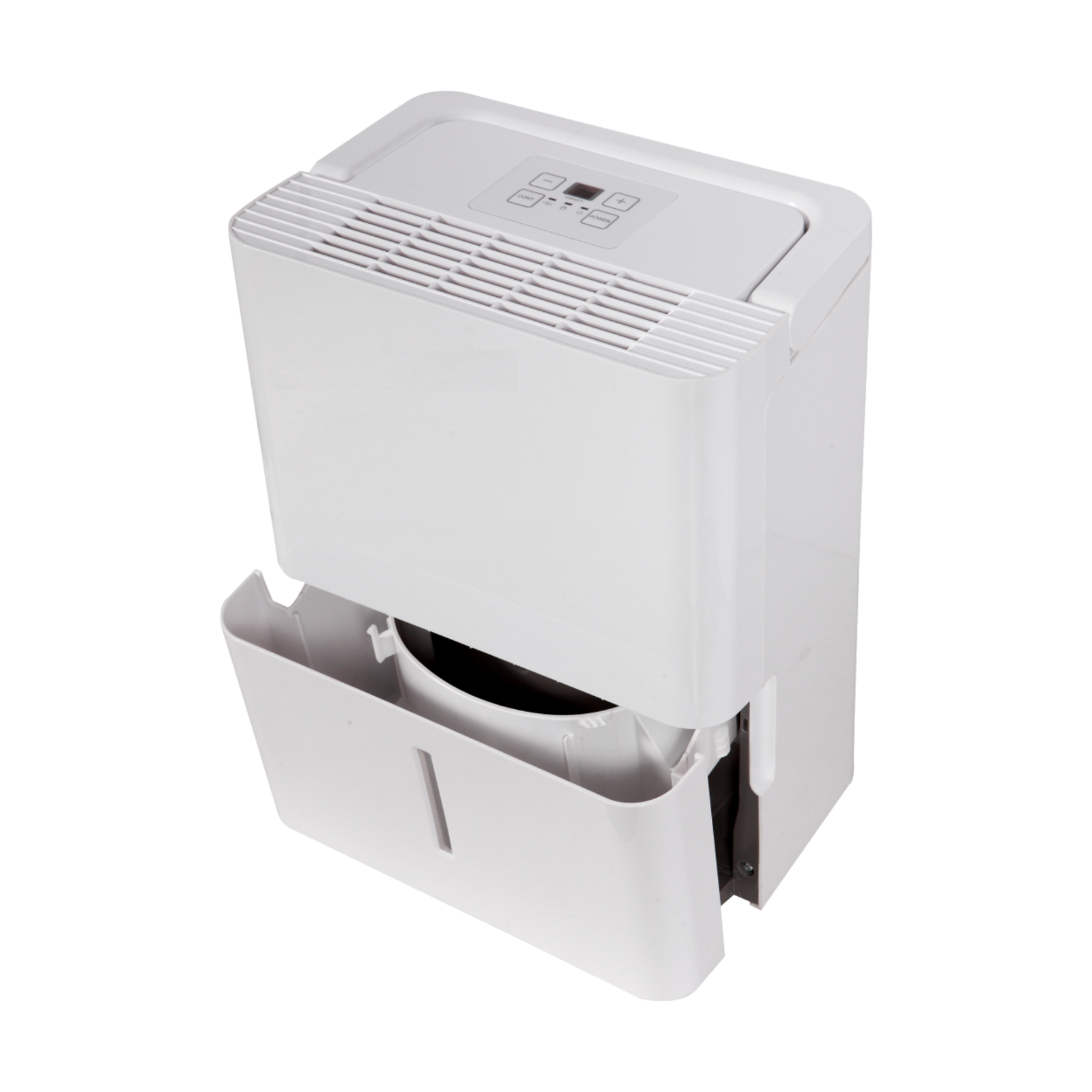 Biały osuszacz powietrza z wyjmowanym zbiornikiem na wodę. Urządzenie jest białe z panelem sterowania.
