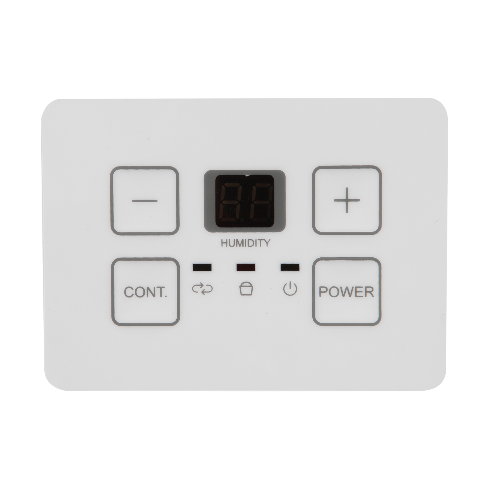 Biały panel sterowania z przyciskami do kontroli wilgotności, zasilania i innych funkcji.