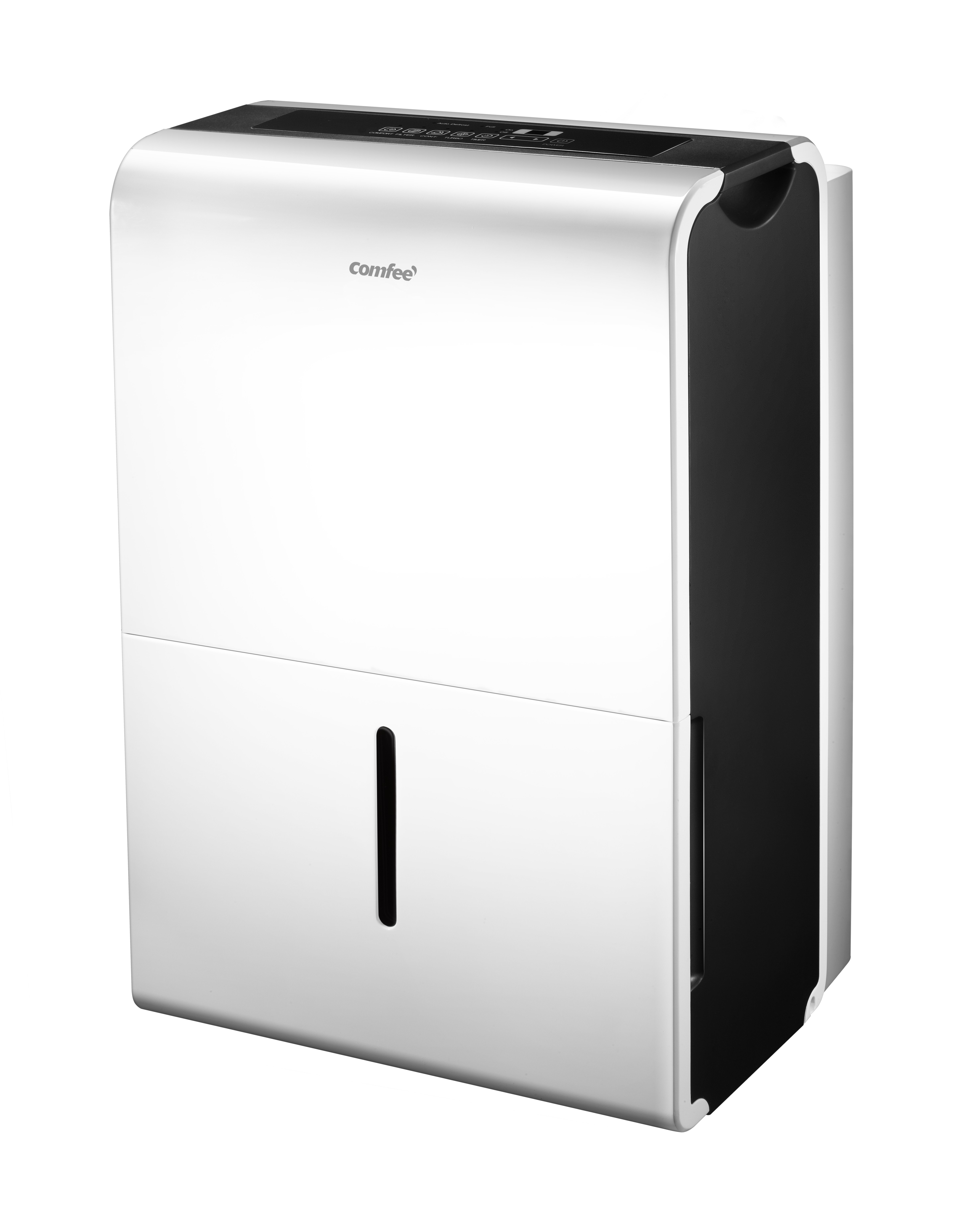 Biało-czarny osuszacz powietrza z elementami sterującymi na górze i zbiornikiem na wodę. Czarne tło.