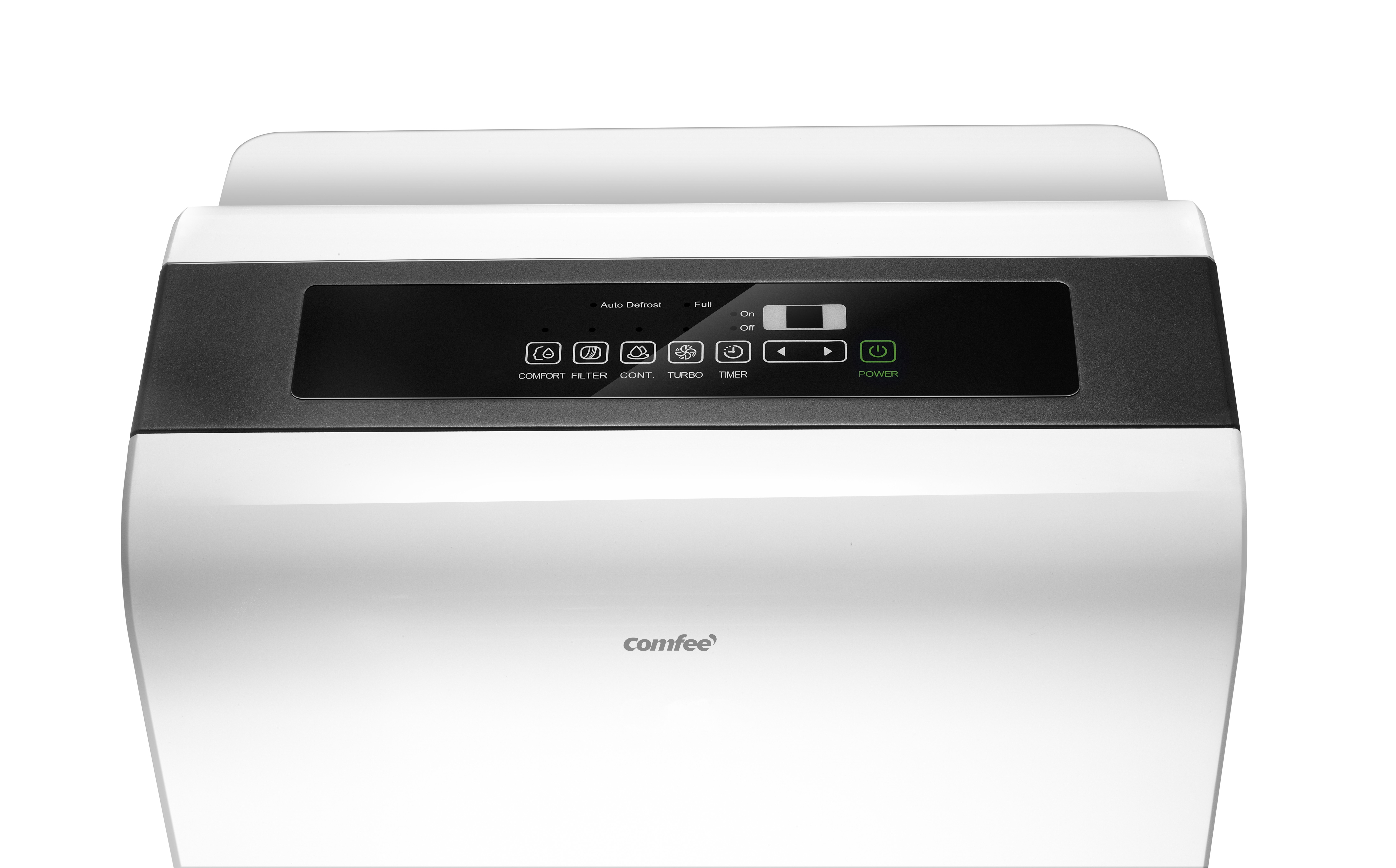 Biały osuszacz powietrza Comfee z czarnym panelem sterowania z różnymi przyciskami funkcyjnymi i lampkami kontrolnymi.